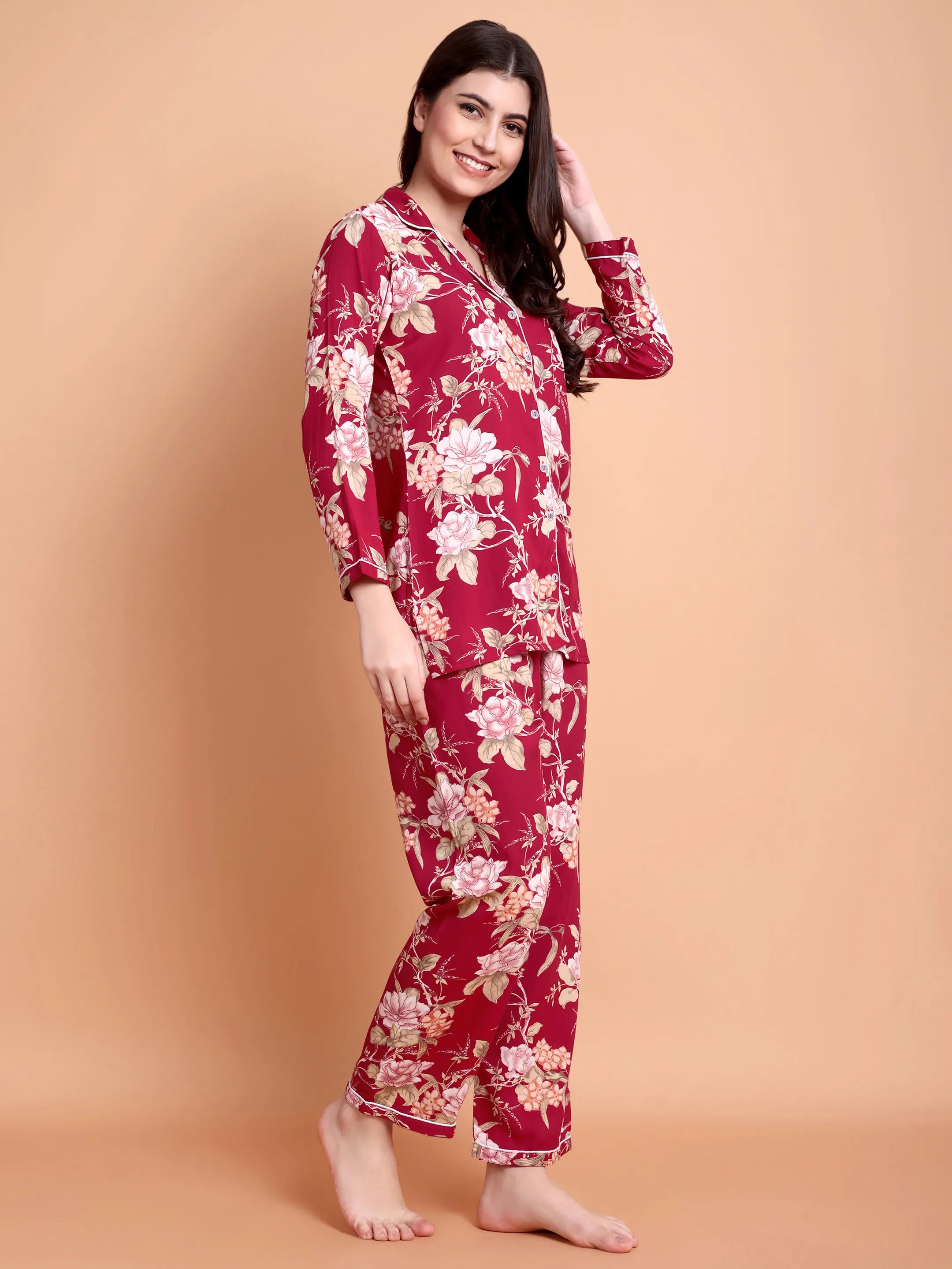 Maroon Floral Satin Nightwear Set for Women (Shirt & Pyjama)