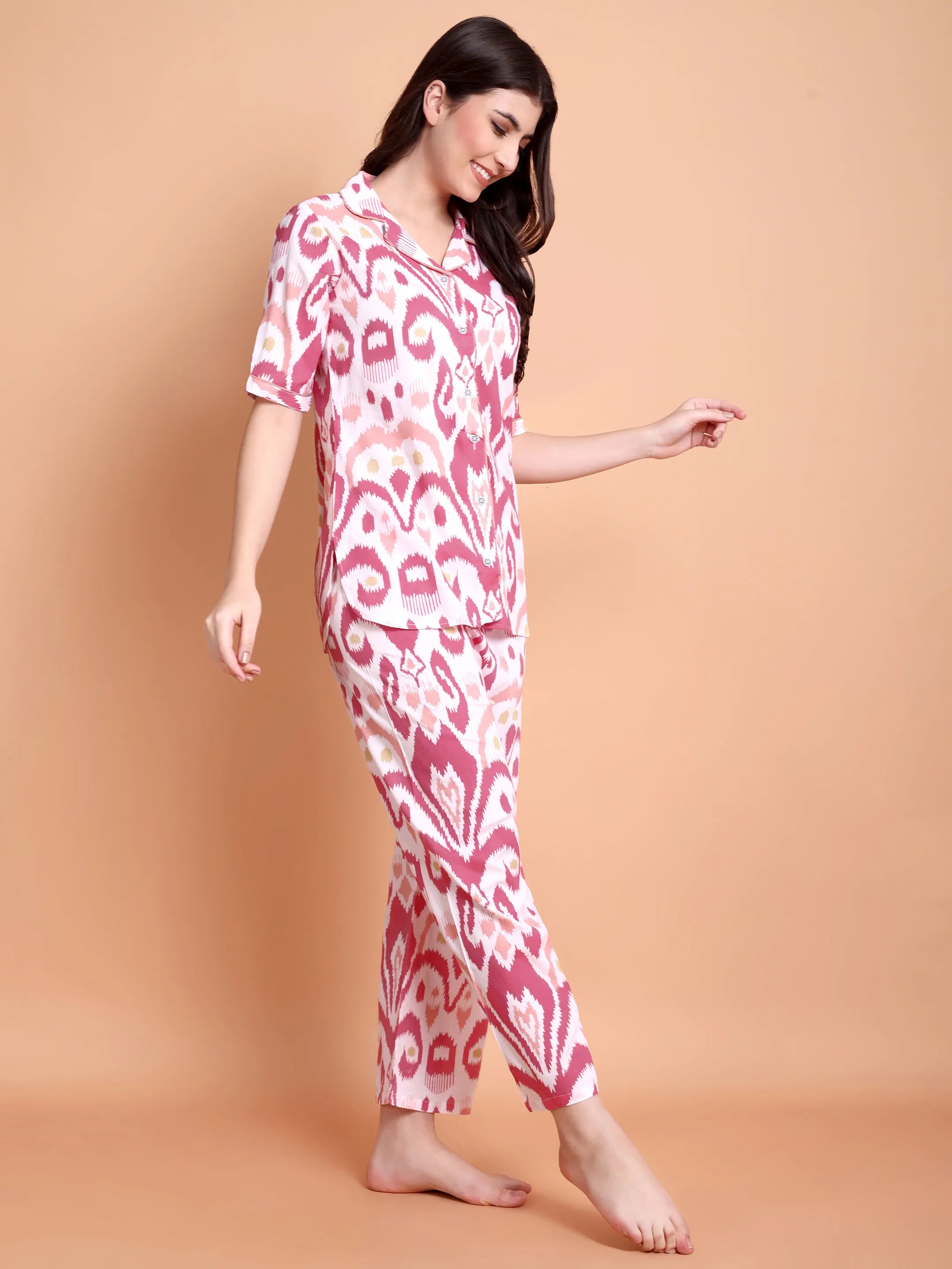 Pink Ikat Print Satin Nightwear Set for Women (Shirt & Pyjama)