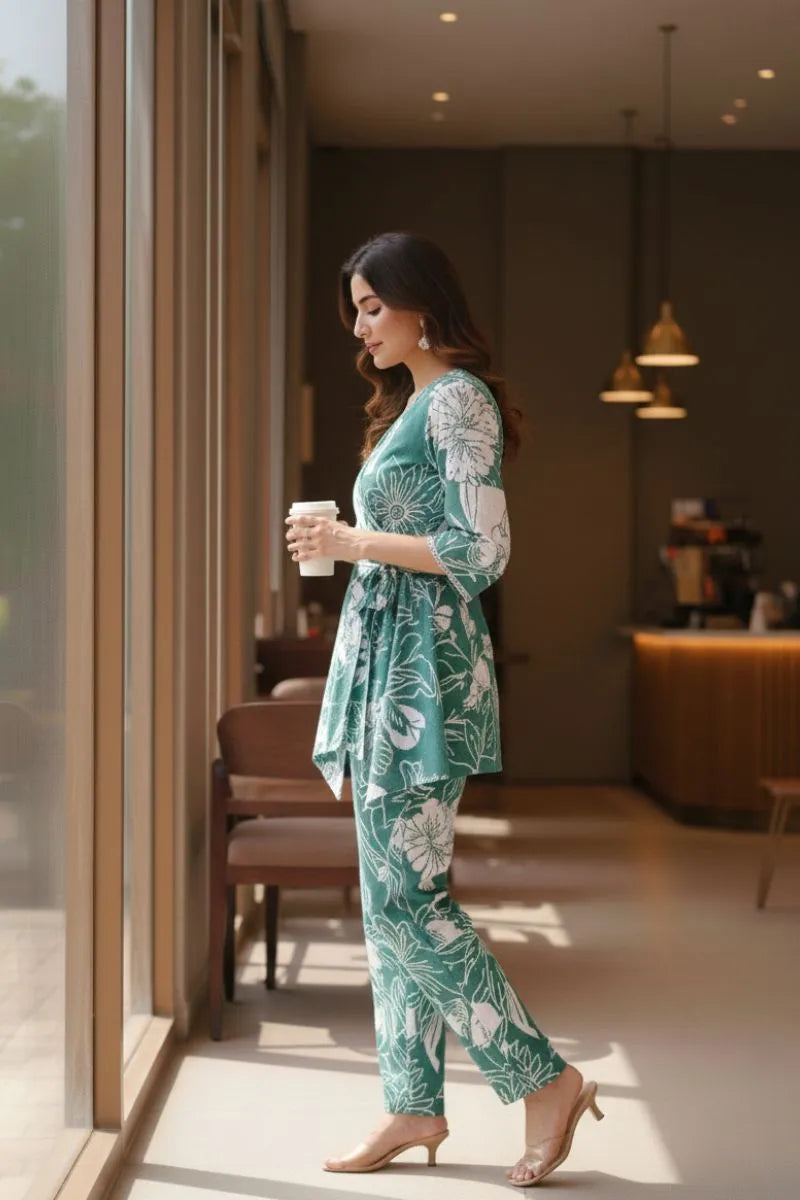 Sea Green Bold Floral Print Cotton Co-ord Set