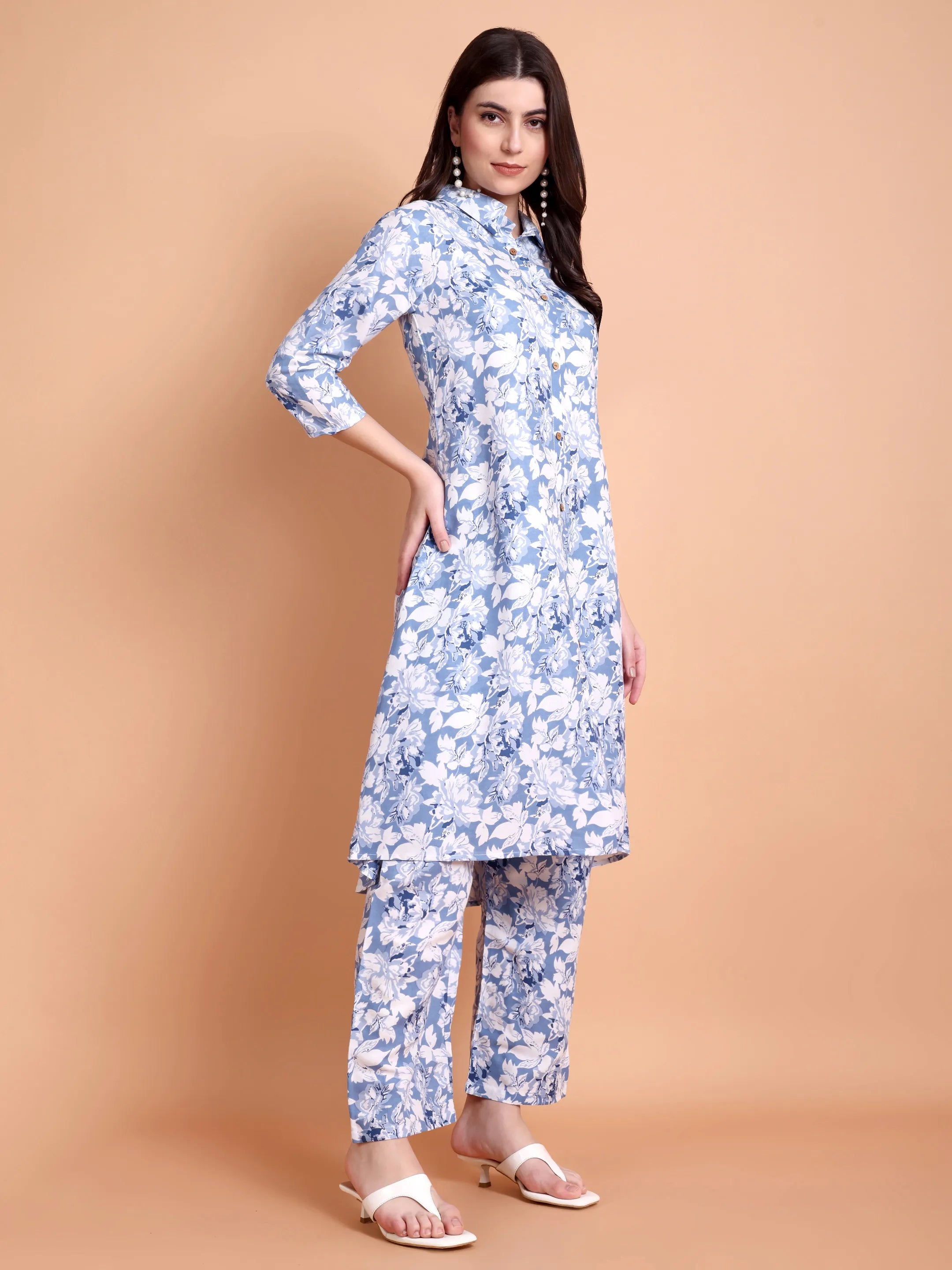 Blue & White Floral Printed Co-Ord Set for Women
