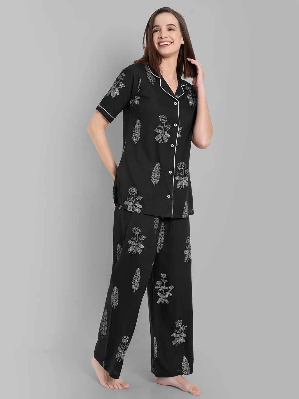 Black Floral Printed Night Suit Set – Short Sleeve Button-Down Shirt with Pajama