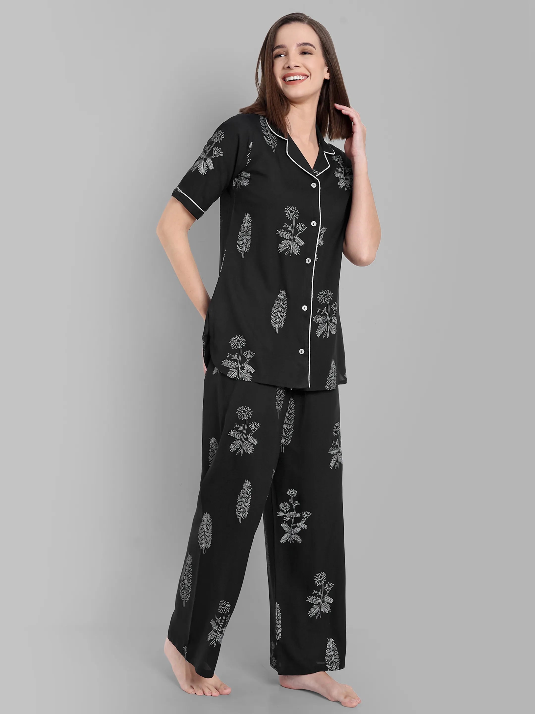 Black Floral Printed Night Suit Set – Short Sleeve Button-Down Shirt with Pajama
