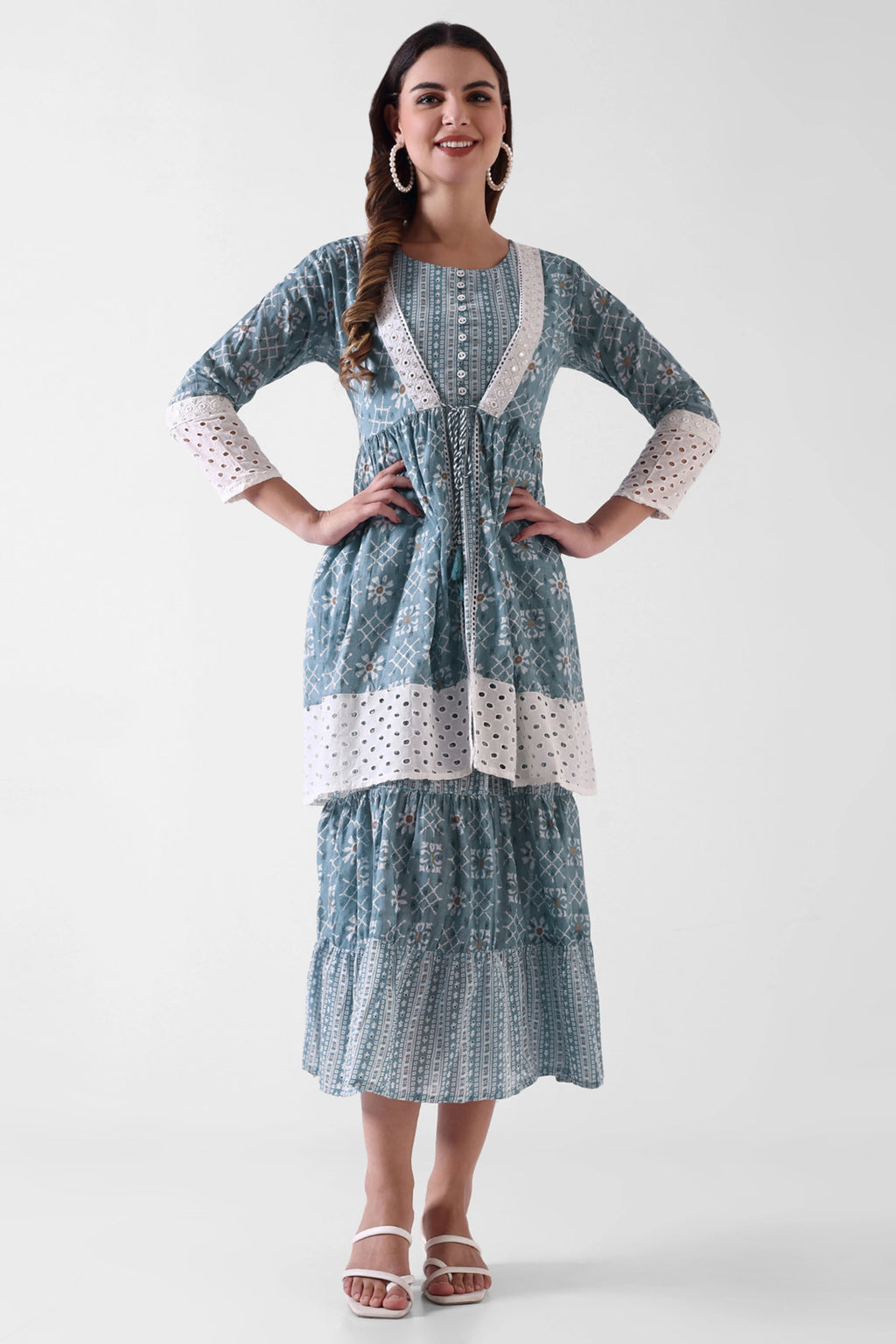Women's Printed Tiered Maxi Dress with Lace Detailing – Blue & White