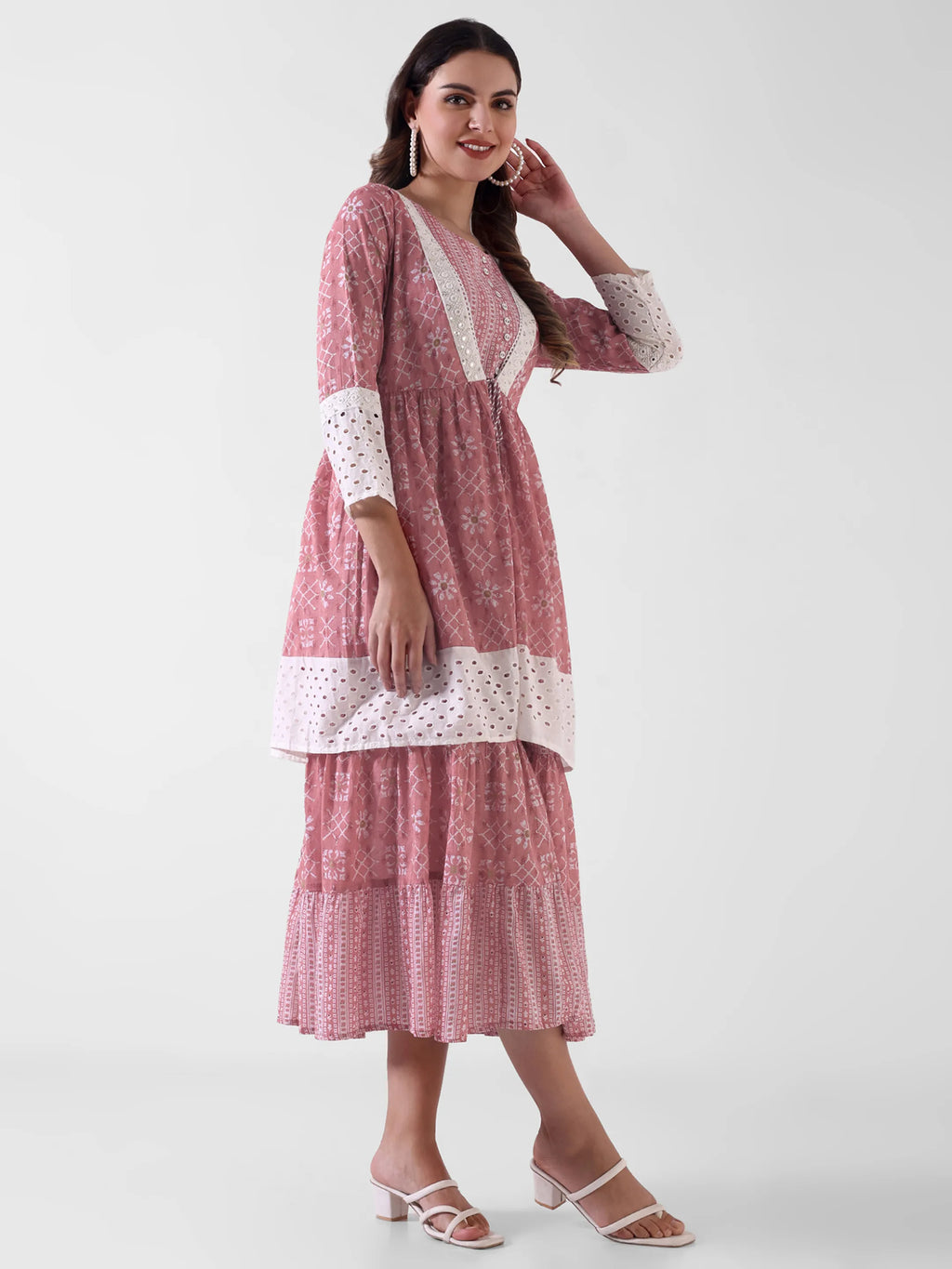 Printed Layered Maxi Dress with Lace Detailing