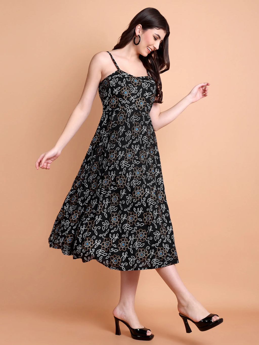 Women’s Black Floral Printed Flared Midi Dress