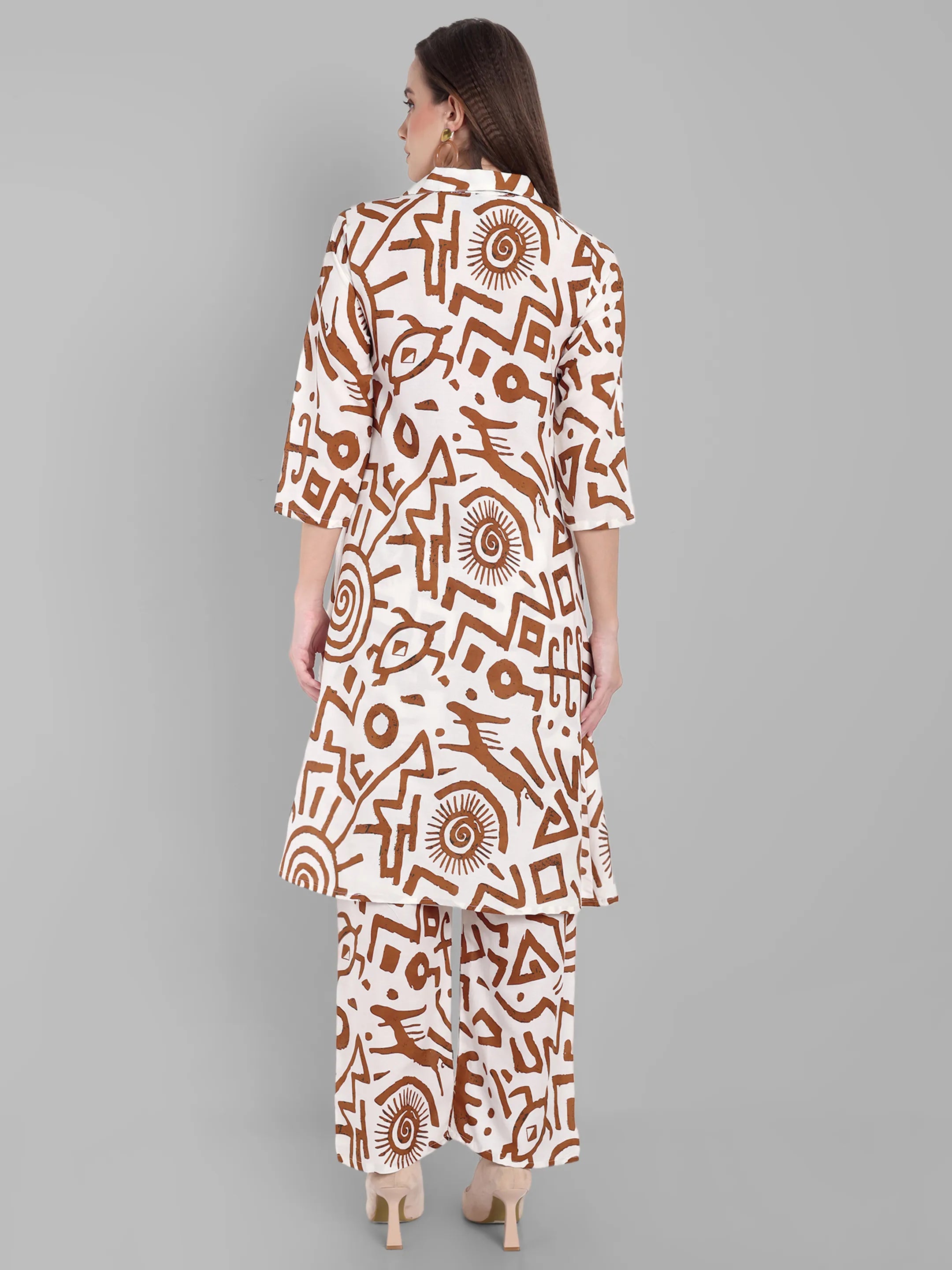Tribal Print White & Brown Kurta with Pants Set – A-Line Shirt Collar Style