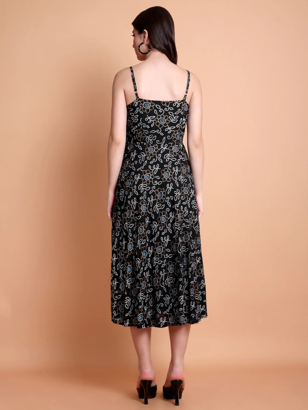 Women’s Black Floral Printed Flared Midi Dress