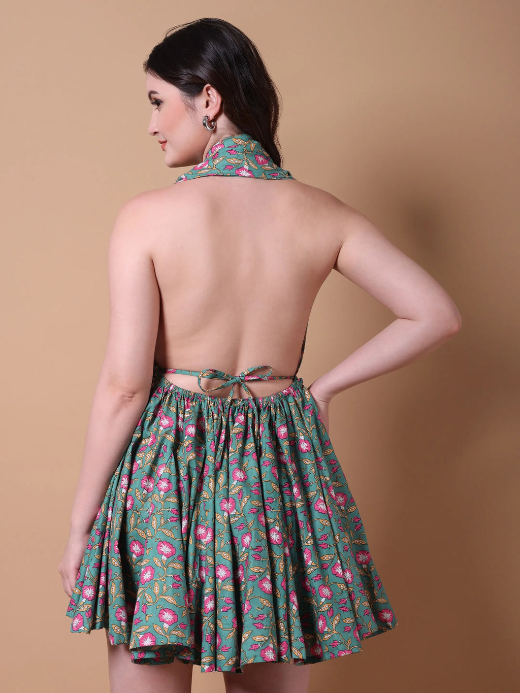 Teal Floral Print Backless Halter Neck Fit & Flare Dress