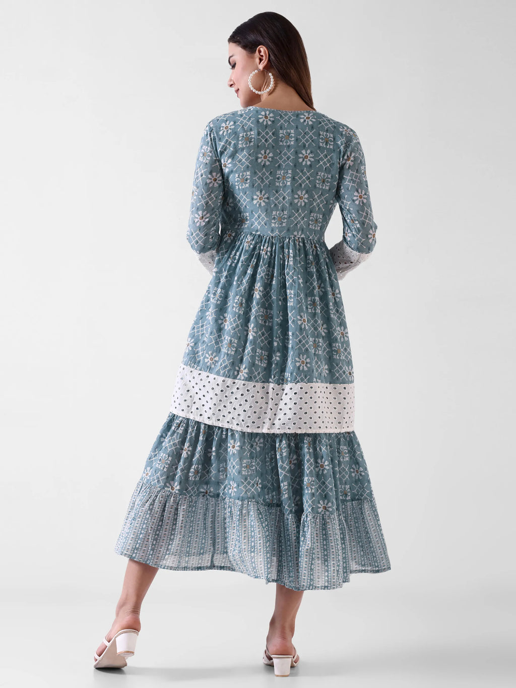 Women's Printed Tiered Maxi Dress with Lace Detailing – Blue & White