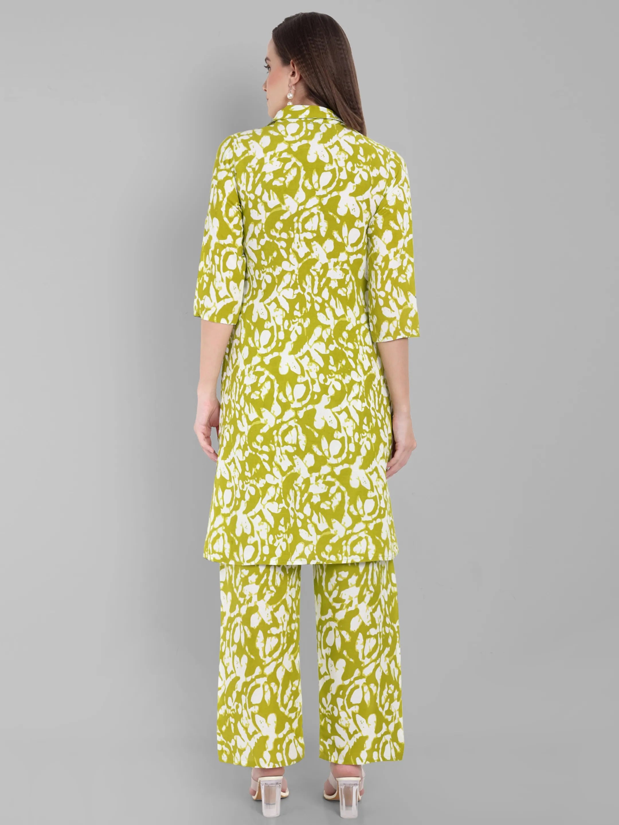 Lime Green & White Abstract Printed A-Line Cotton Kurta with Pants