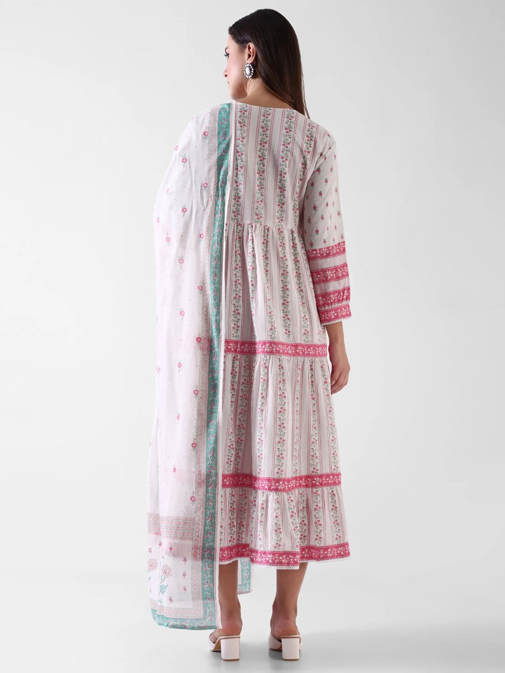 Women's White Floral Printed Anarkali Dress with Dupatta – Pink & Aqua Detailing