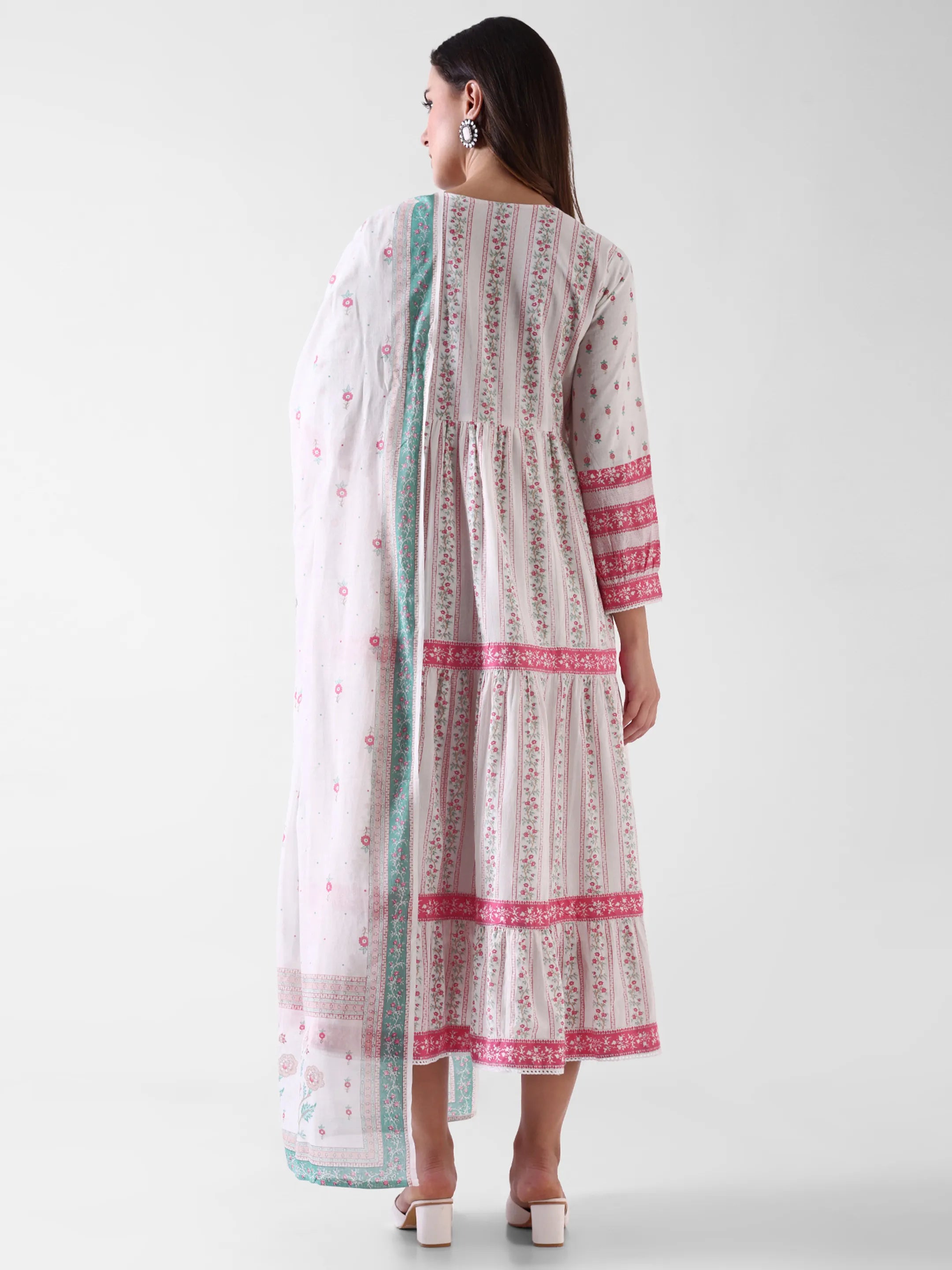 Women's White Floral Printed Anarkali Dress with Dupatta – Pink & Aqua Detailing