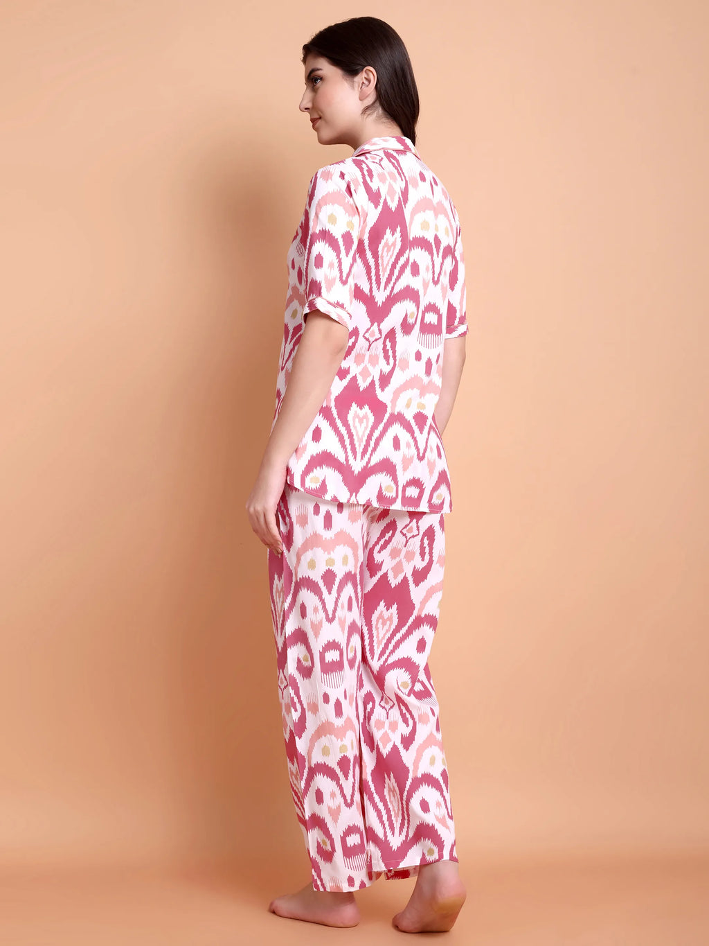 Pink Ikat Print Satin Nightwear Set for Women (Shirt & Pyjama)