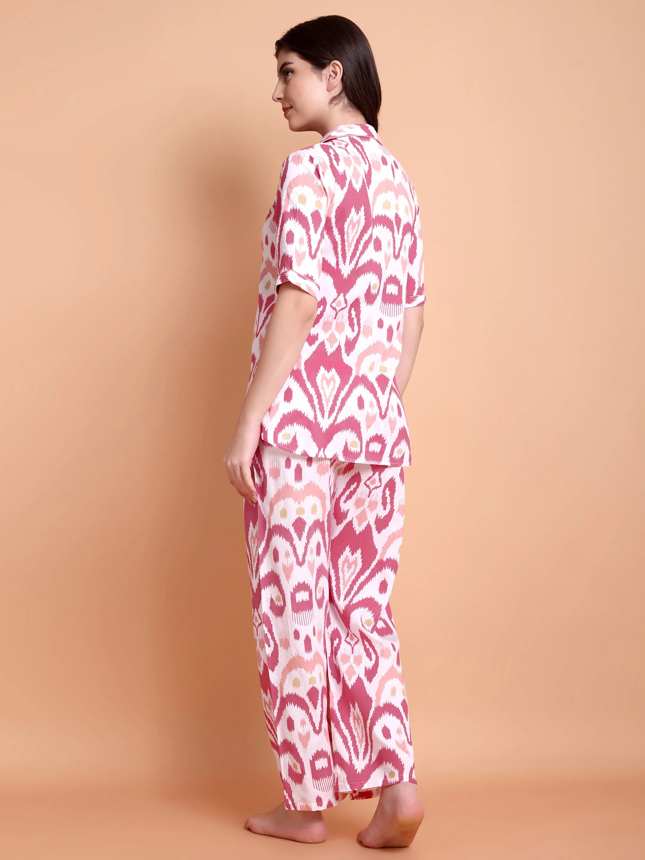 Pink Ikat Print Satin Nightwear Set for Women (Shirt & Pyjama)