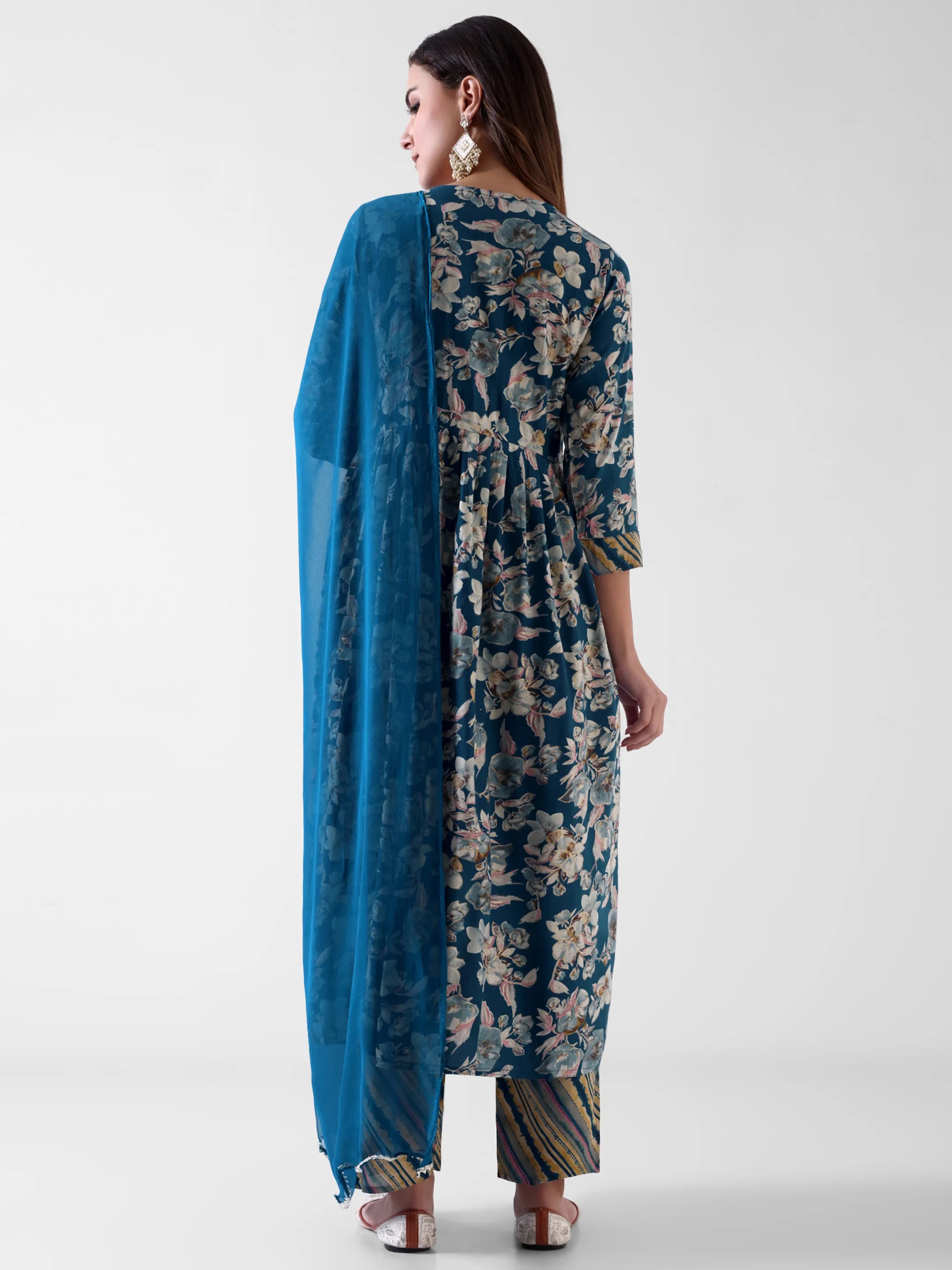 Women's Blue Floral Printed Anarkali Kurta Set with Dupatta