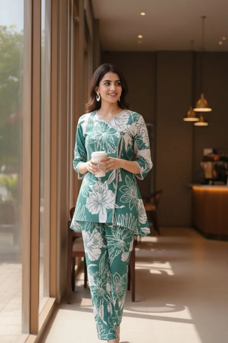 Sea Green Bold Floral Print Cotton Co-ord Set