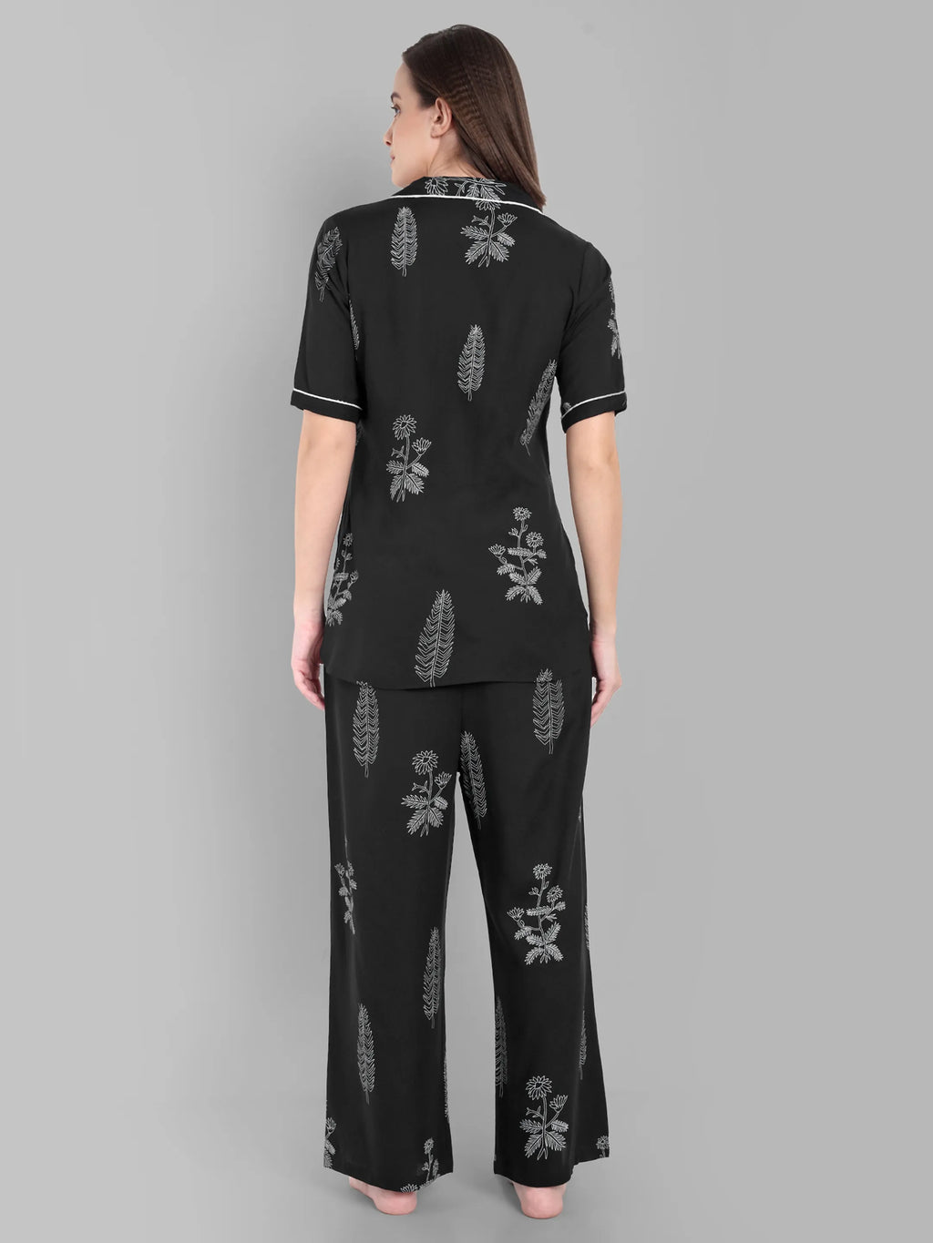 Black Floral Printed Night Suit Set – Short Sleeve Button-Down Shirt with Pajama