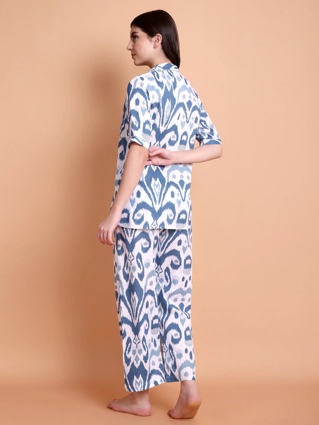 Blue Ikat Print Satin Nightwear Set for Women (Shirt & Pyjama)