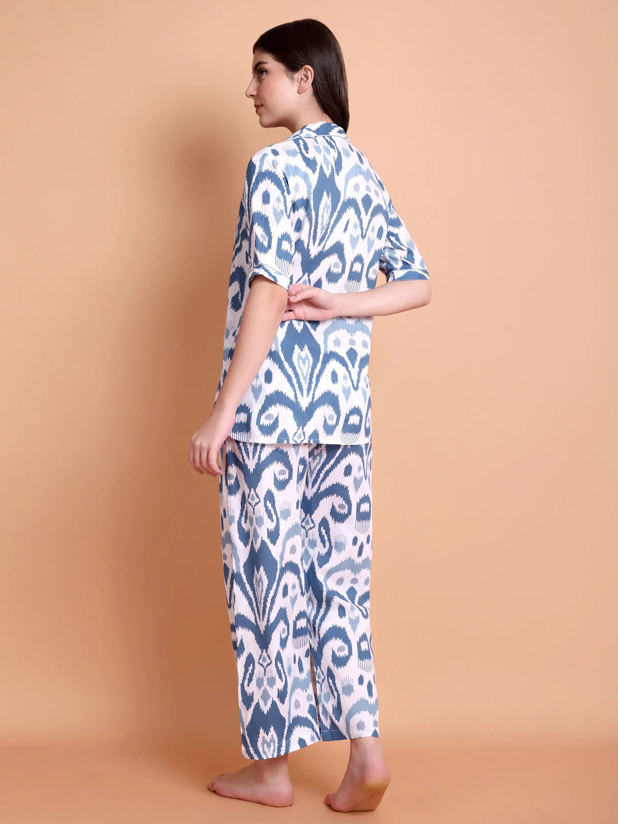 Blue Ikat Print Satin Nightwear Set for Women (Shirt & Pyjama)