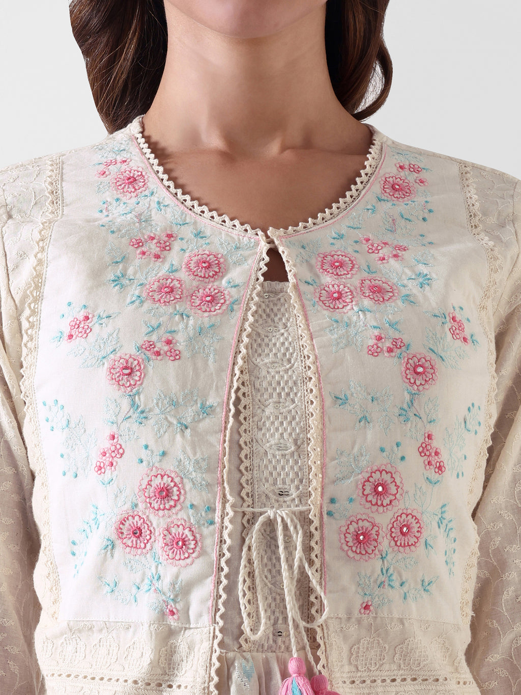 Embroidered Ethnic Maxi Dress with Tie-Up Detailing