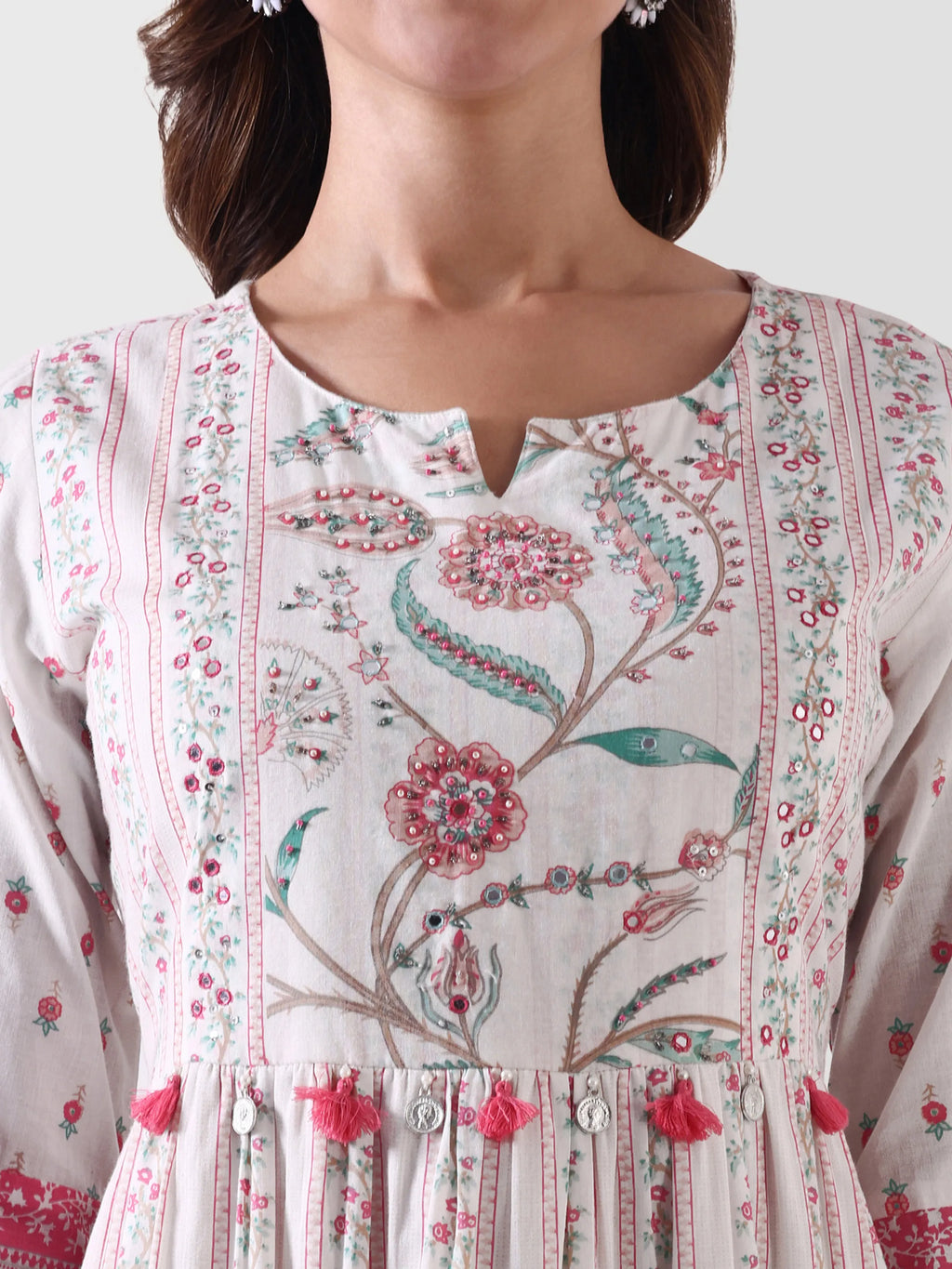 Women's White Floral Printed Anarkali Dress with Dupatta – Pink & Aqua Detailing