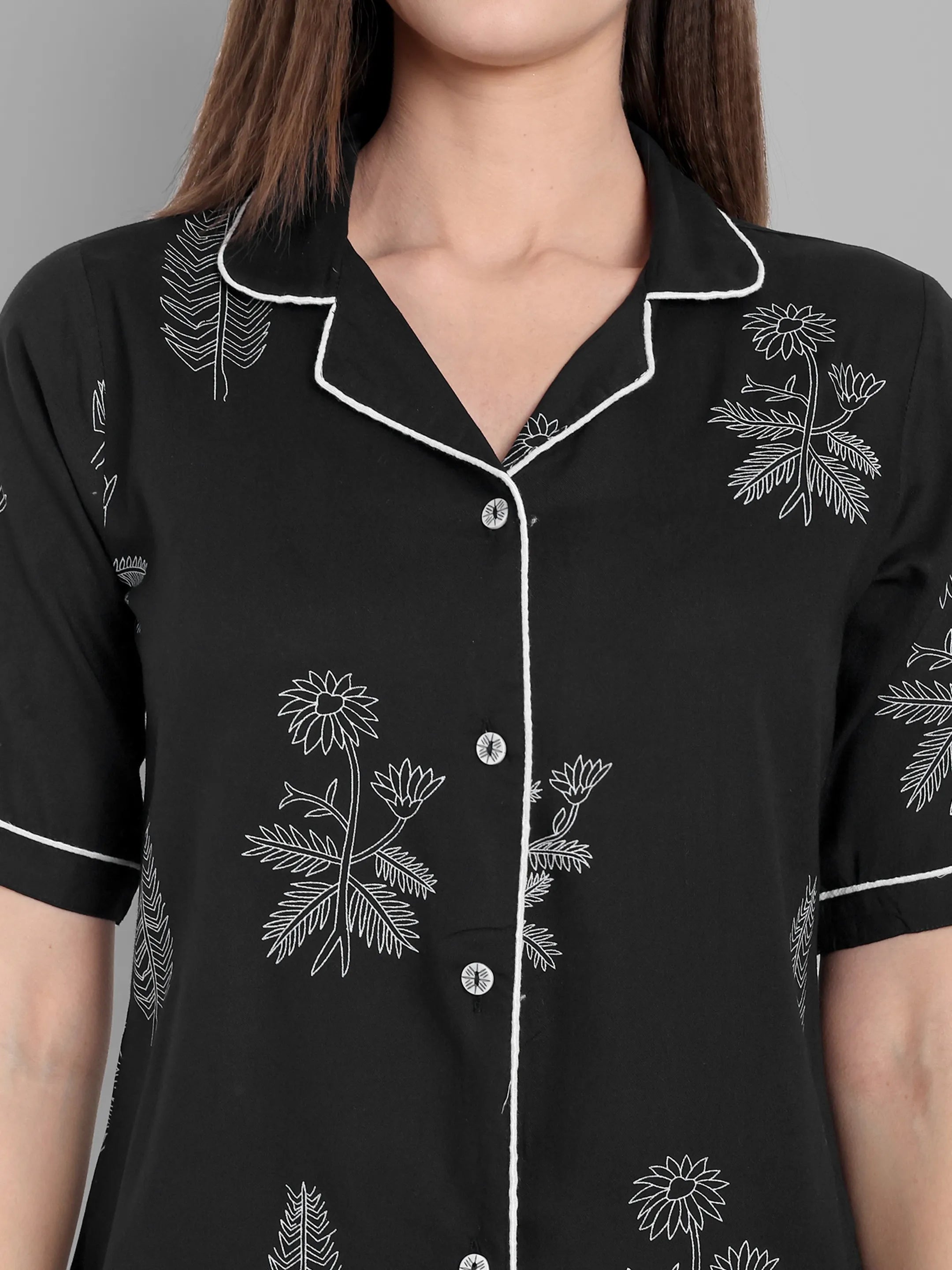 Black Floral Printed Night Suit Set – Short Sleeve Button-Down Shirt with Pajama