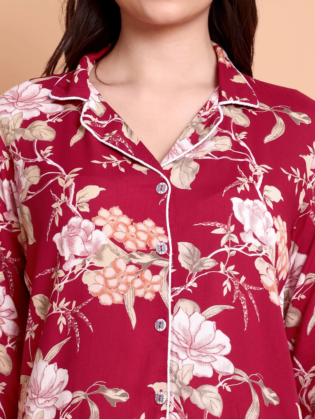 Maroon Floral Satin Nightwear Set for Women (Shirt & Pyjama)