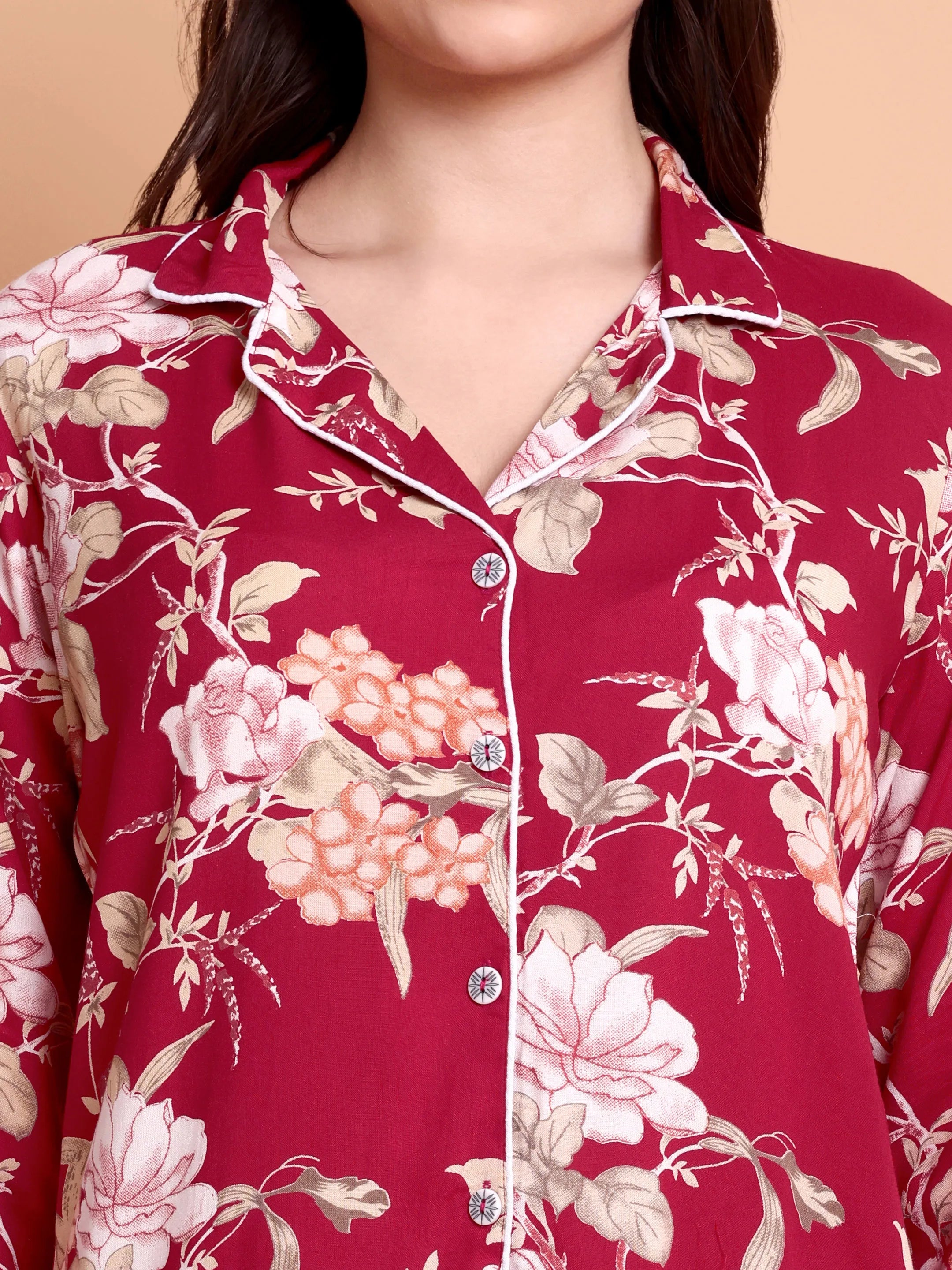 Maroon Floral Satin Nightwear Set for Women (Shirt & Pyjama)