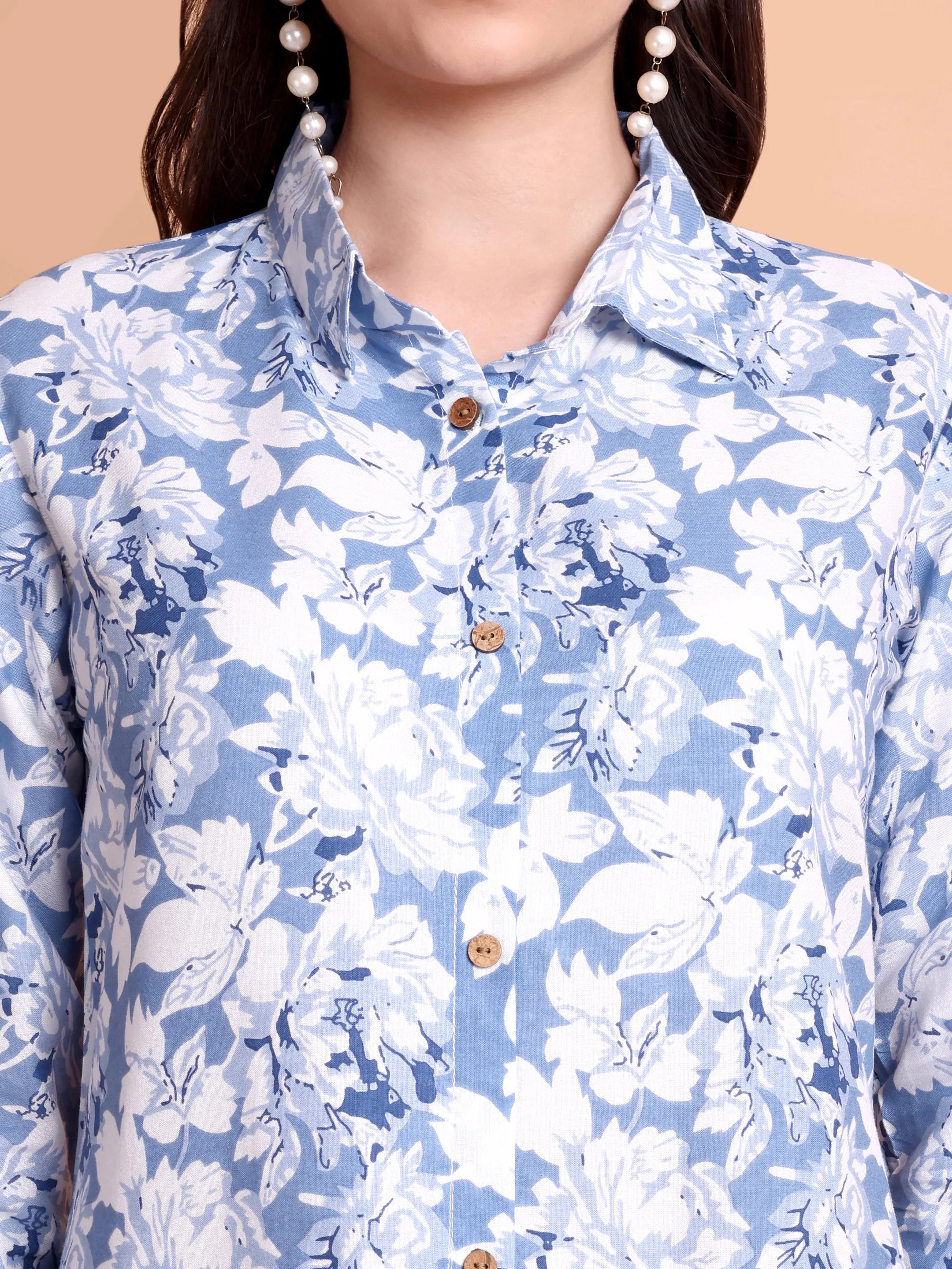 Blue & White Floral Printed Co-Ord Set for Women