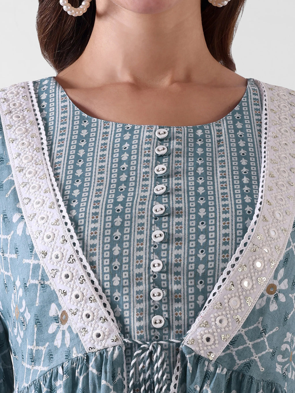 Women's Printed Tiered Maxi Dress with Lace Detailing – Blue & White