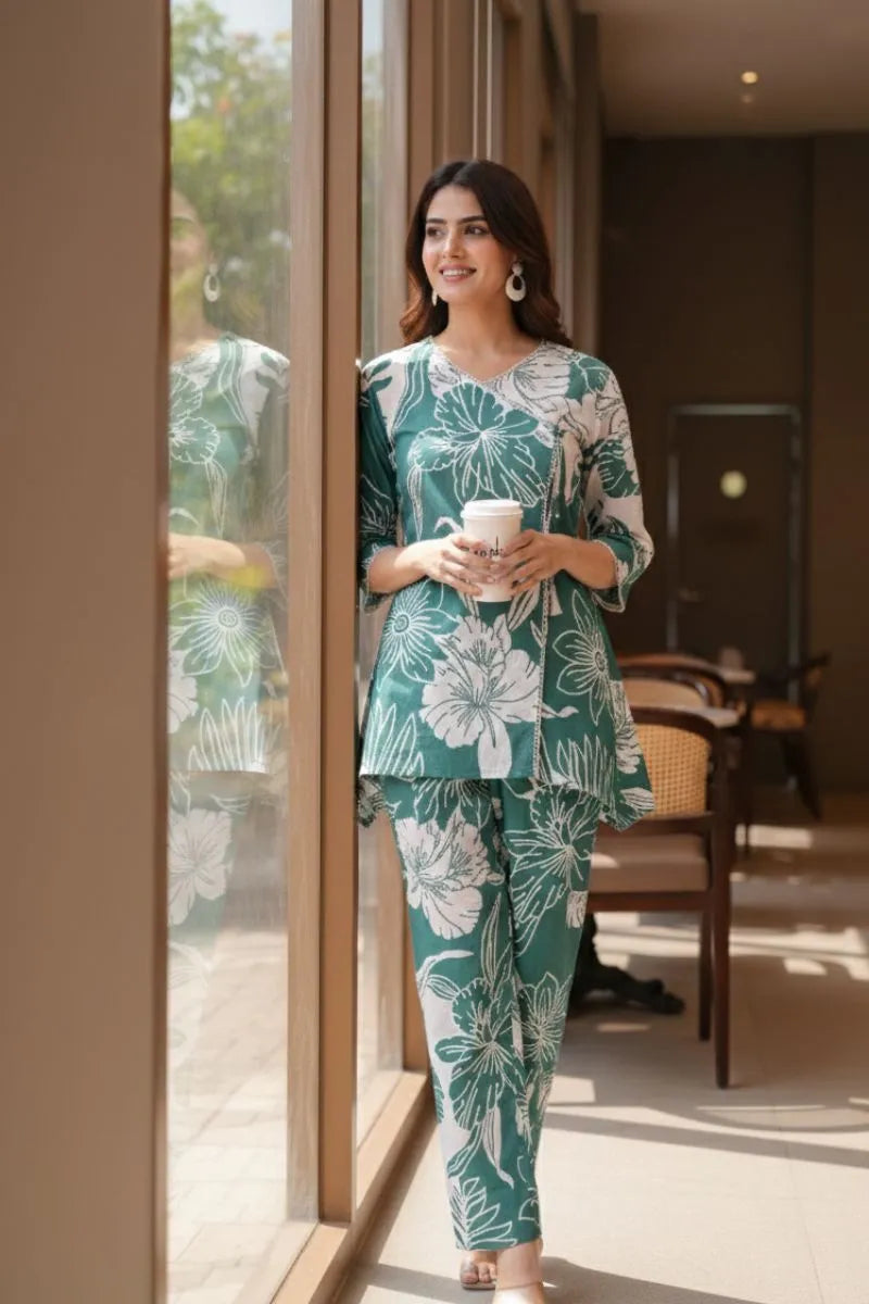 Sea Green Bold Floral Print Cotton Co-ord Set