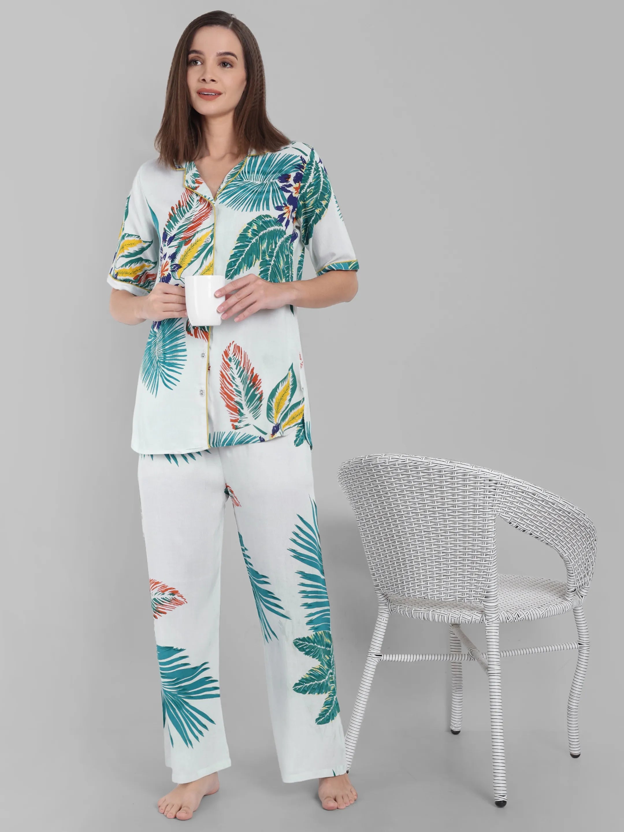 Tropical Print Co-Ord Nightwear Set in Soft White Cotton