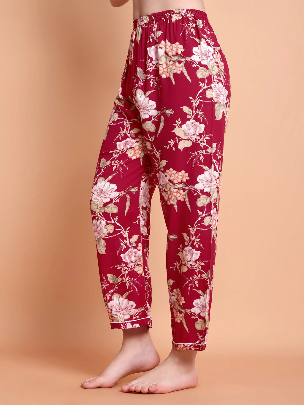 Maroon Floral Satin Nightwear Set for Women (Shirt & Pyjama)