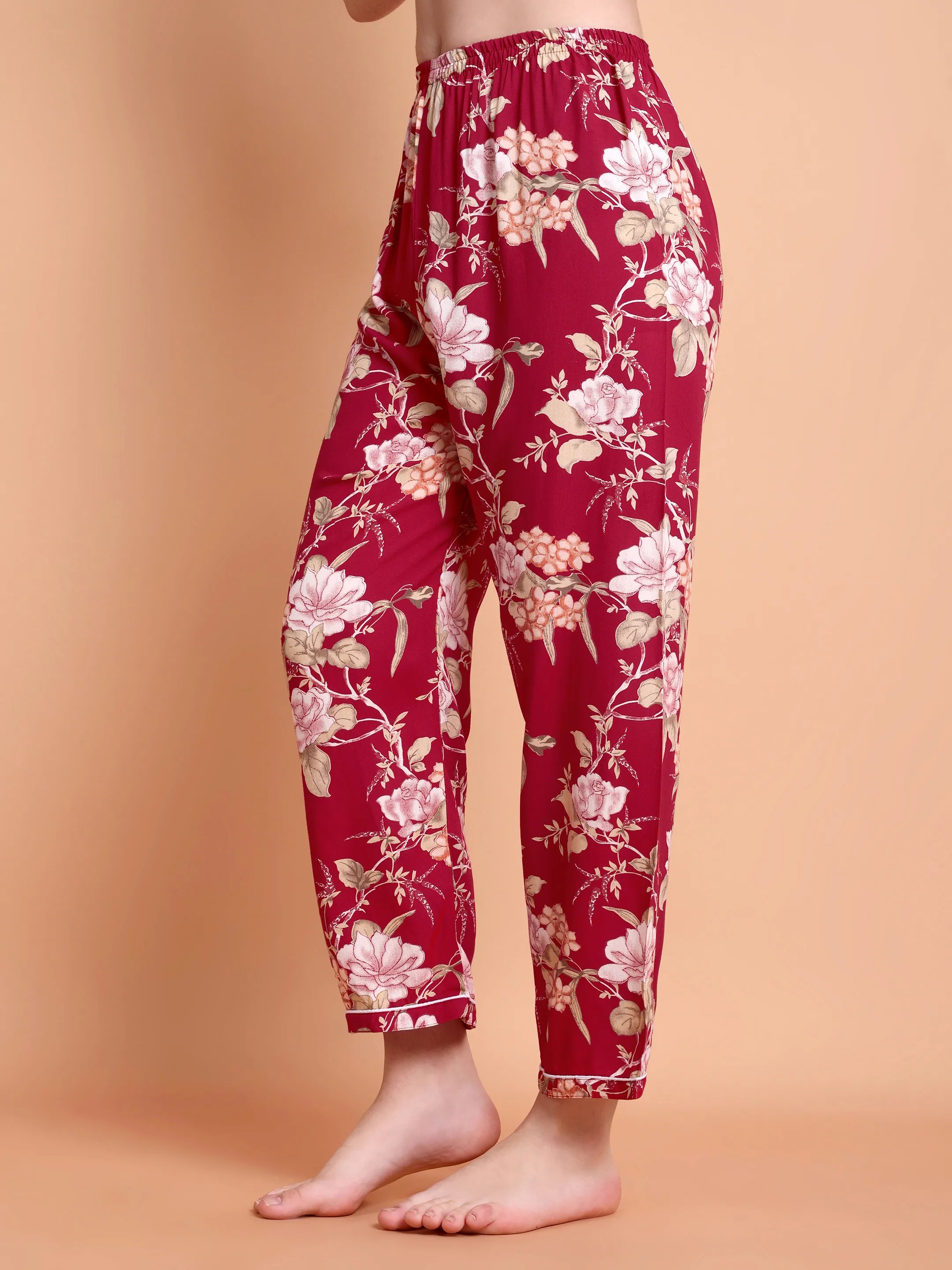 Maroon Floral Satin Nightwear Set for Women (Shirt & Pyjama)