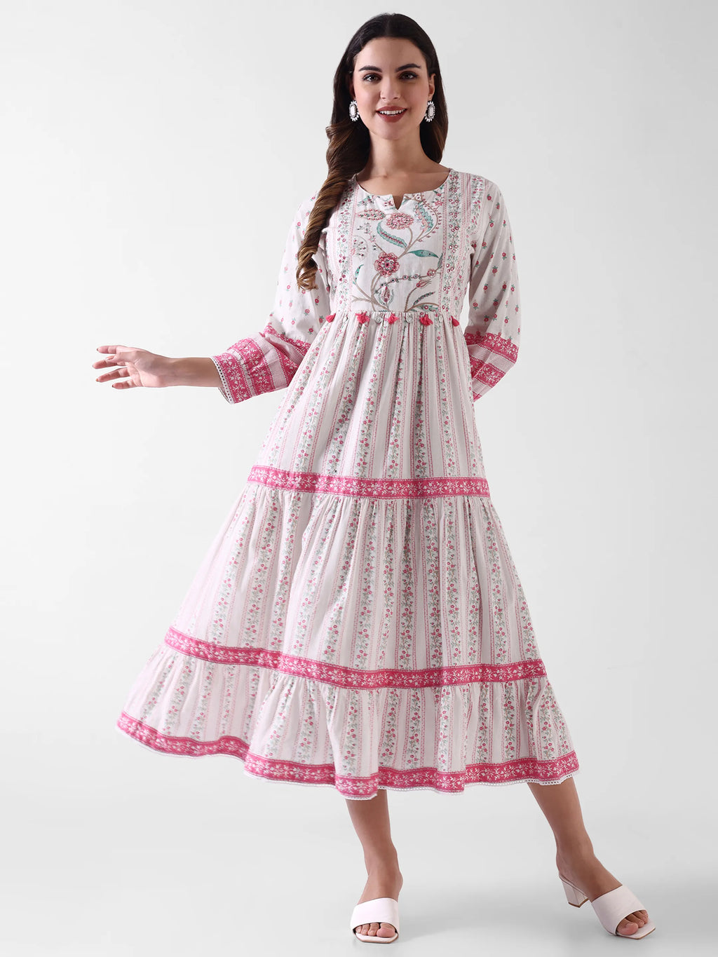 Women's White Floral Printed Anarkali Dress with Dupatta – Pink & Aqua Detailing