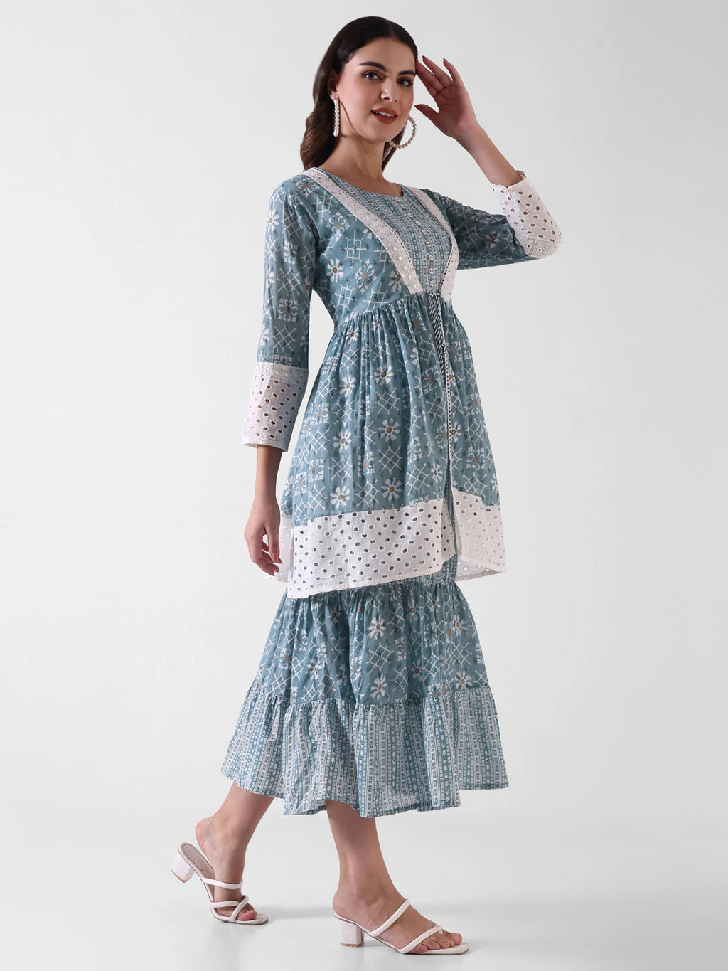 Women's Printed Tiered Maxi Dress with Lace Detailing – Blue & White