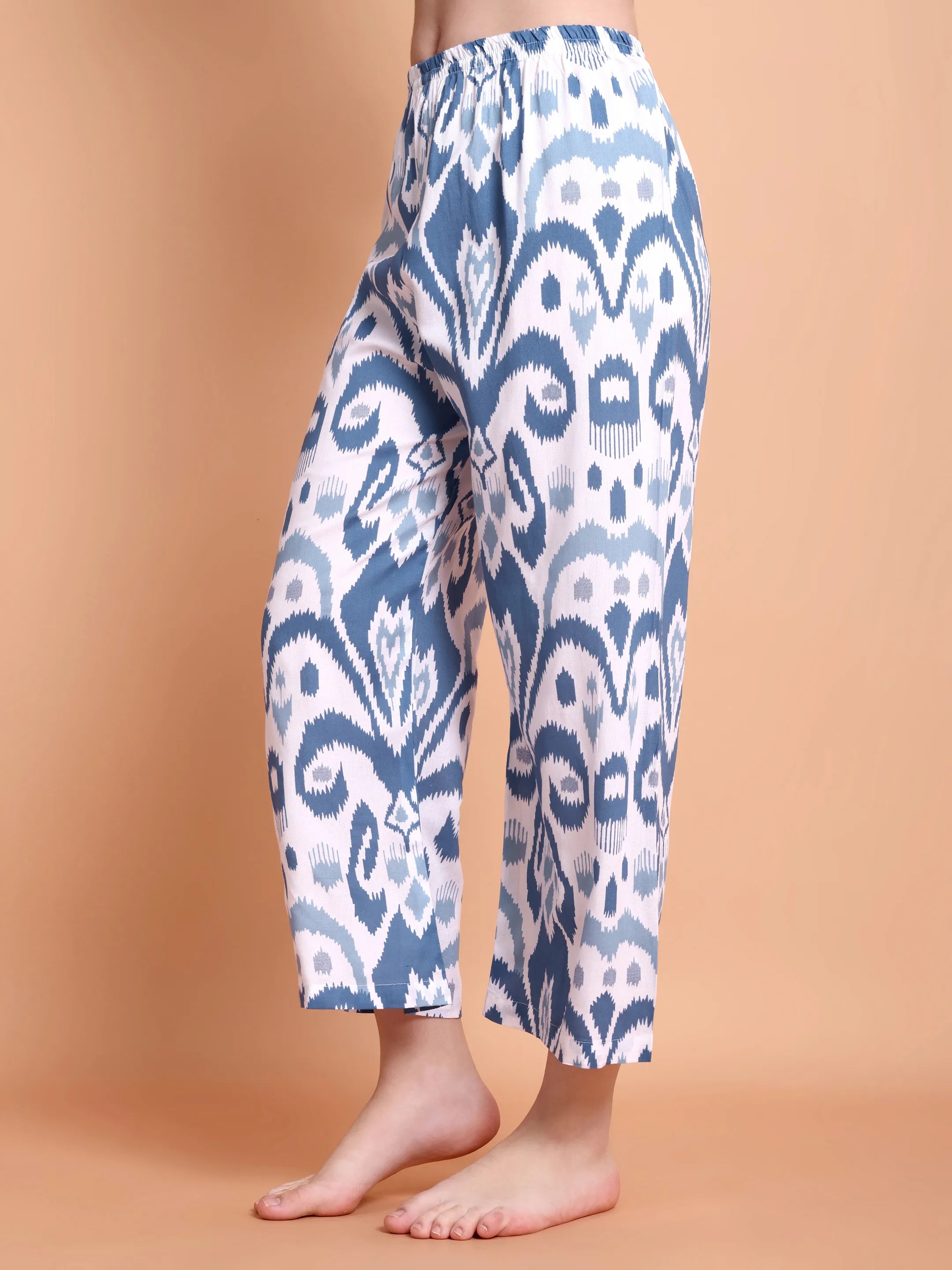 Blue Ikat Print Satin Nightwear Set for Women (Shirt & Pyjama)