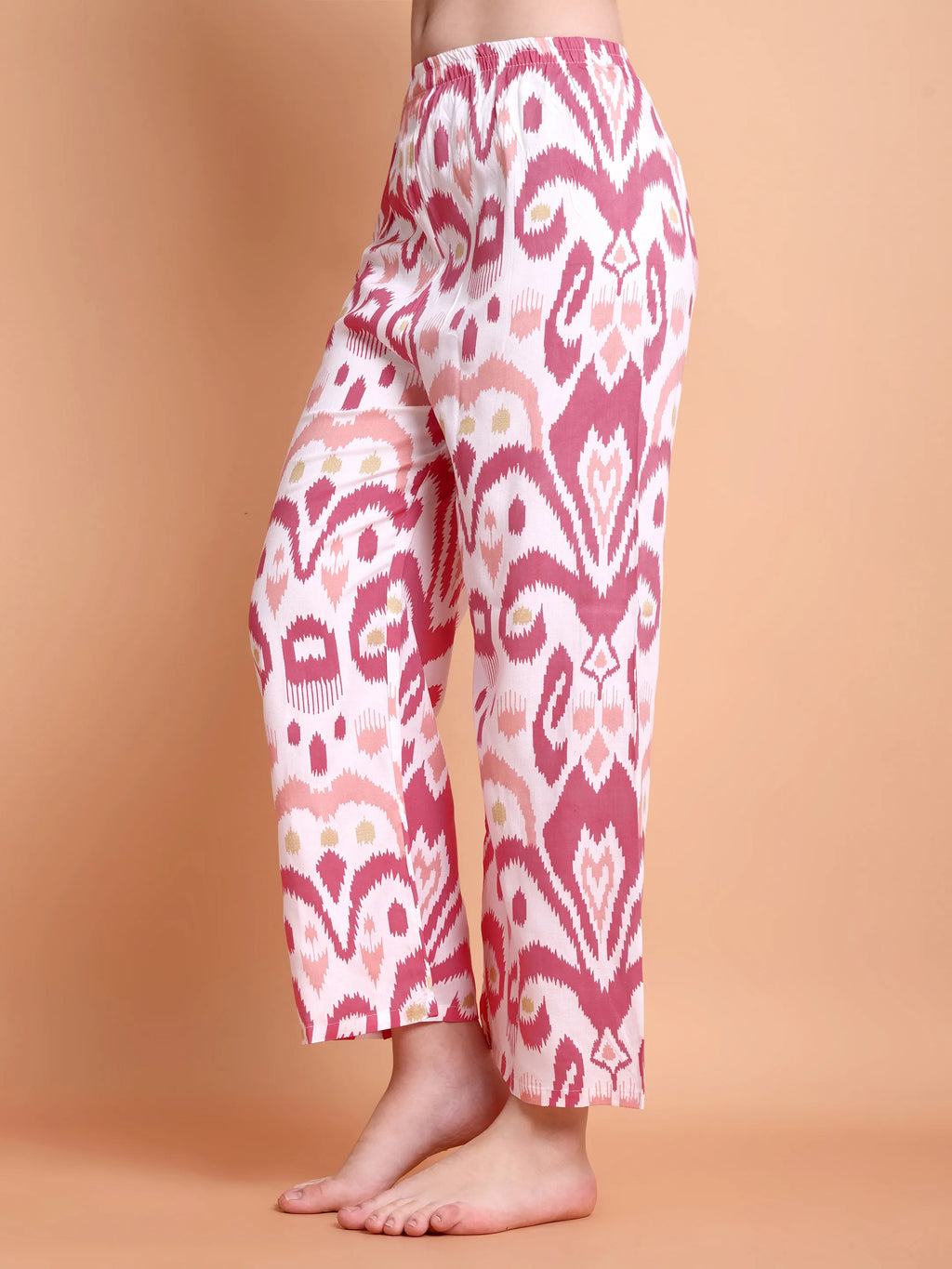 Pink Ikat Print Satin Nightwear Set for Women (Shirt & Pyjama)