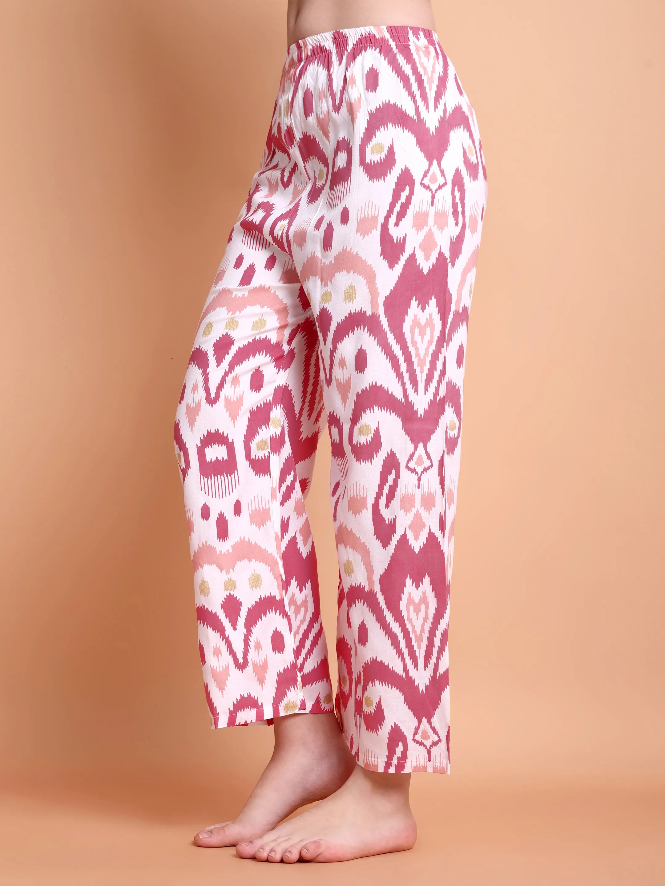 Pink Ikat Print Satin Nightwear Set for Women (Shirt & Pyjama)