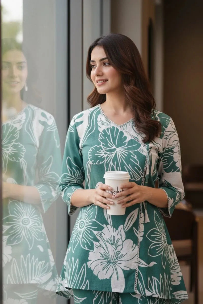 Sea Green Bold Floral Print Cotton Co-ord Set