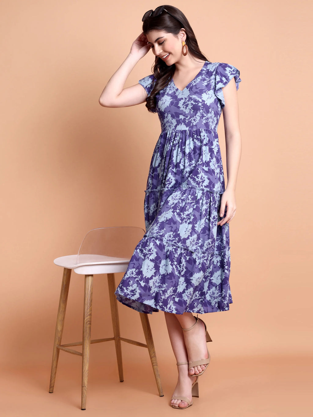 Floral Printed Flutter Sleeve Midi Dress