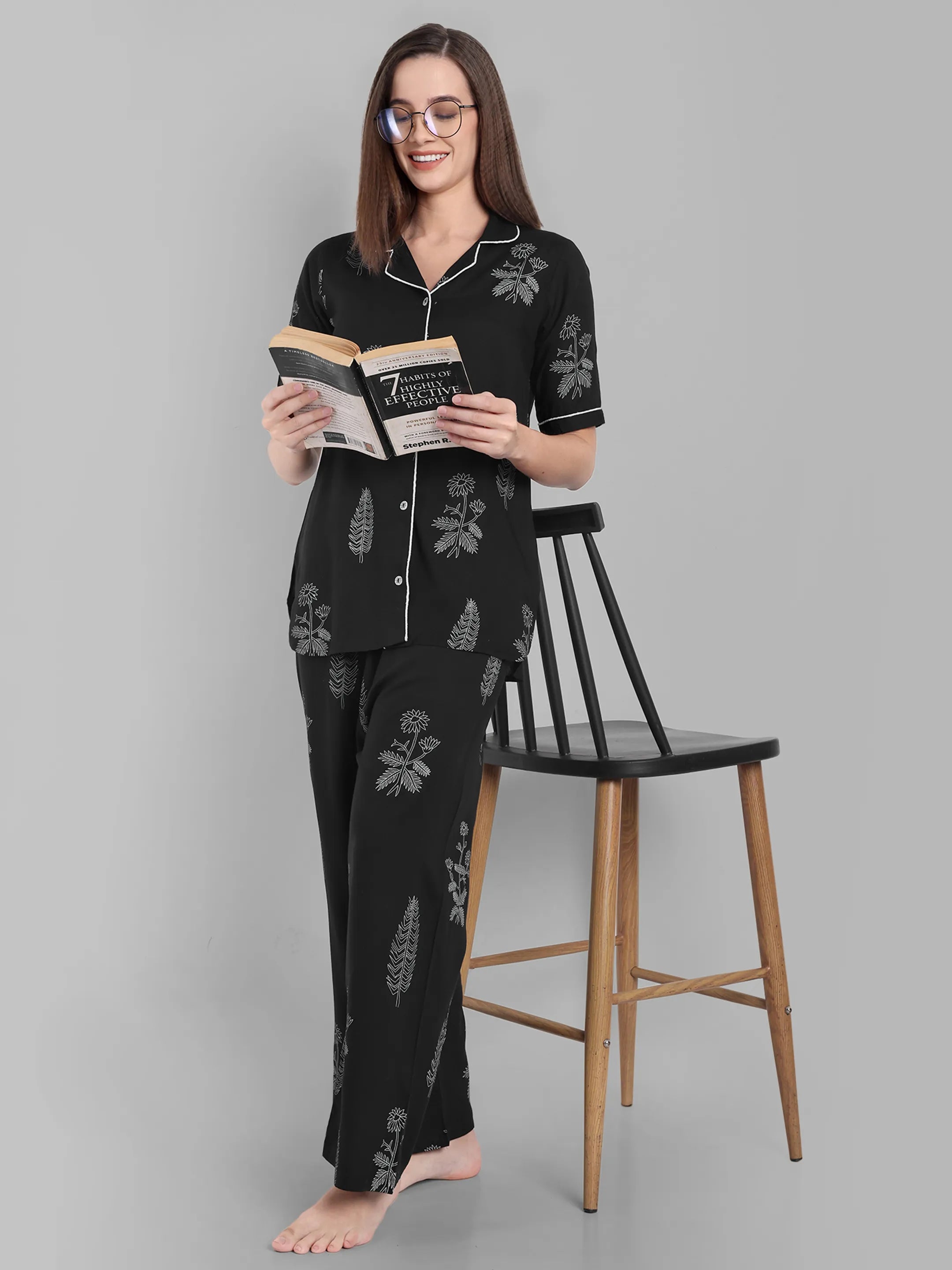 Black Floral Printed Night Suit Set – Short Sleeve Button-Down Shirt with Pajama