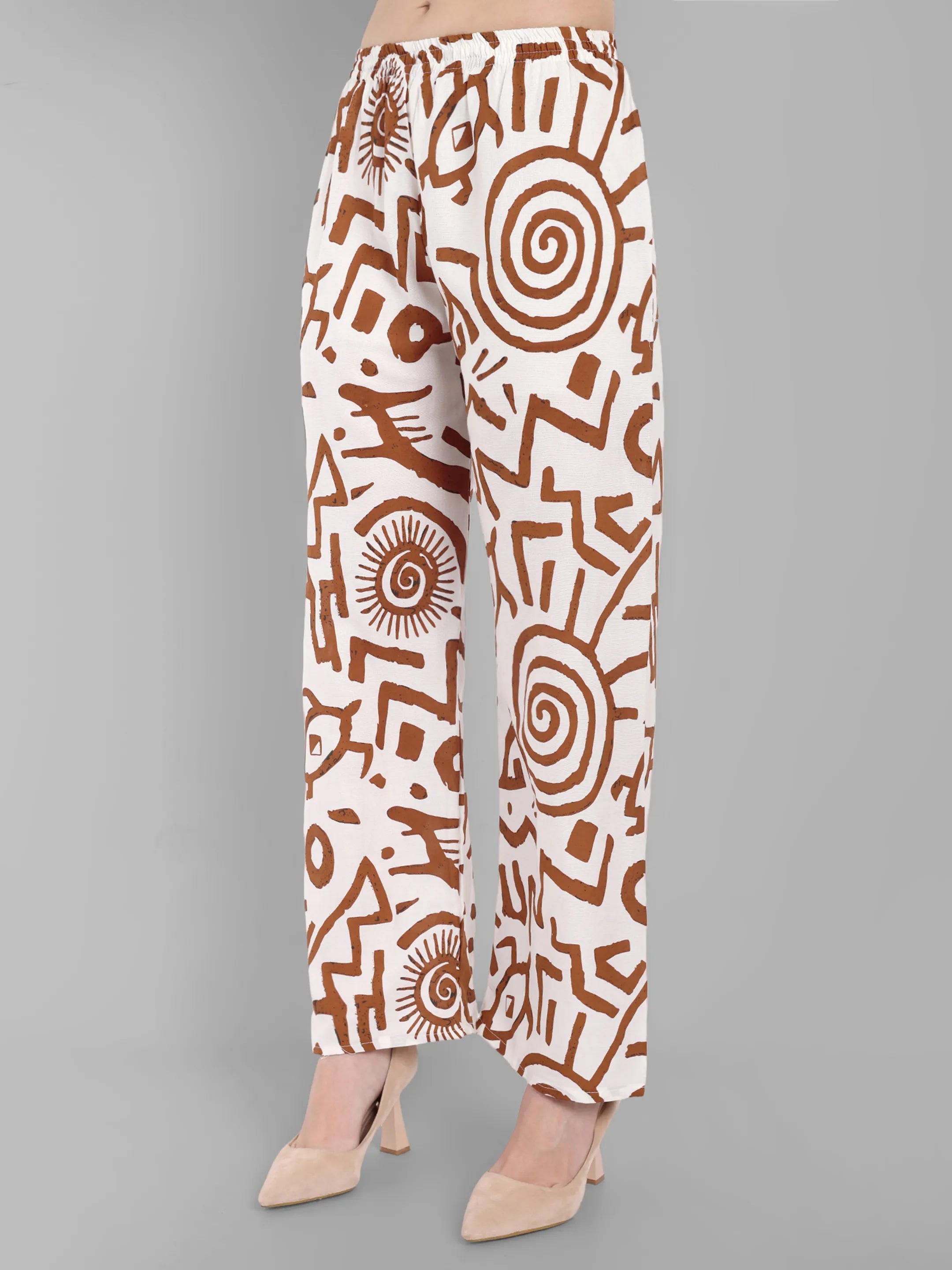 Tribal Print White & Brown Kurta with Pants Set – A-Line Shirt Collar Style