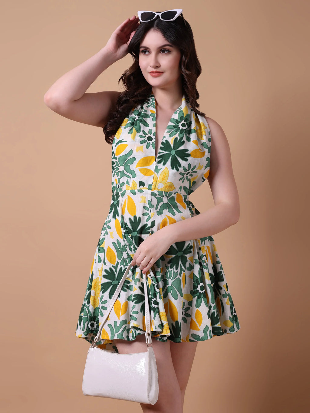 Green & Yellow Floral Halter Neck Mini Dress with Open Back