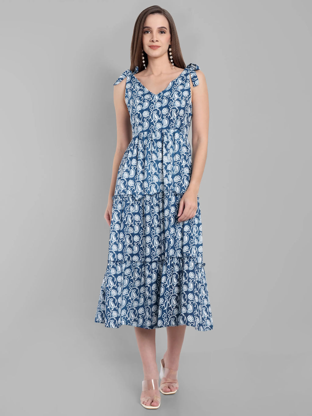 Navy Blue & White Paisley Printed Sleeveless Tiered Midi Dress with Tie-Up Straps
