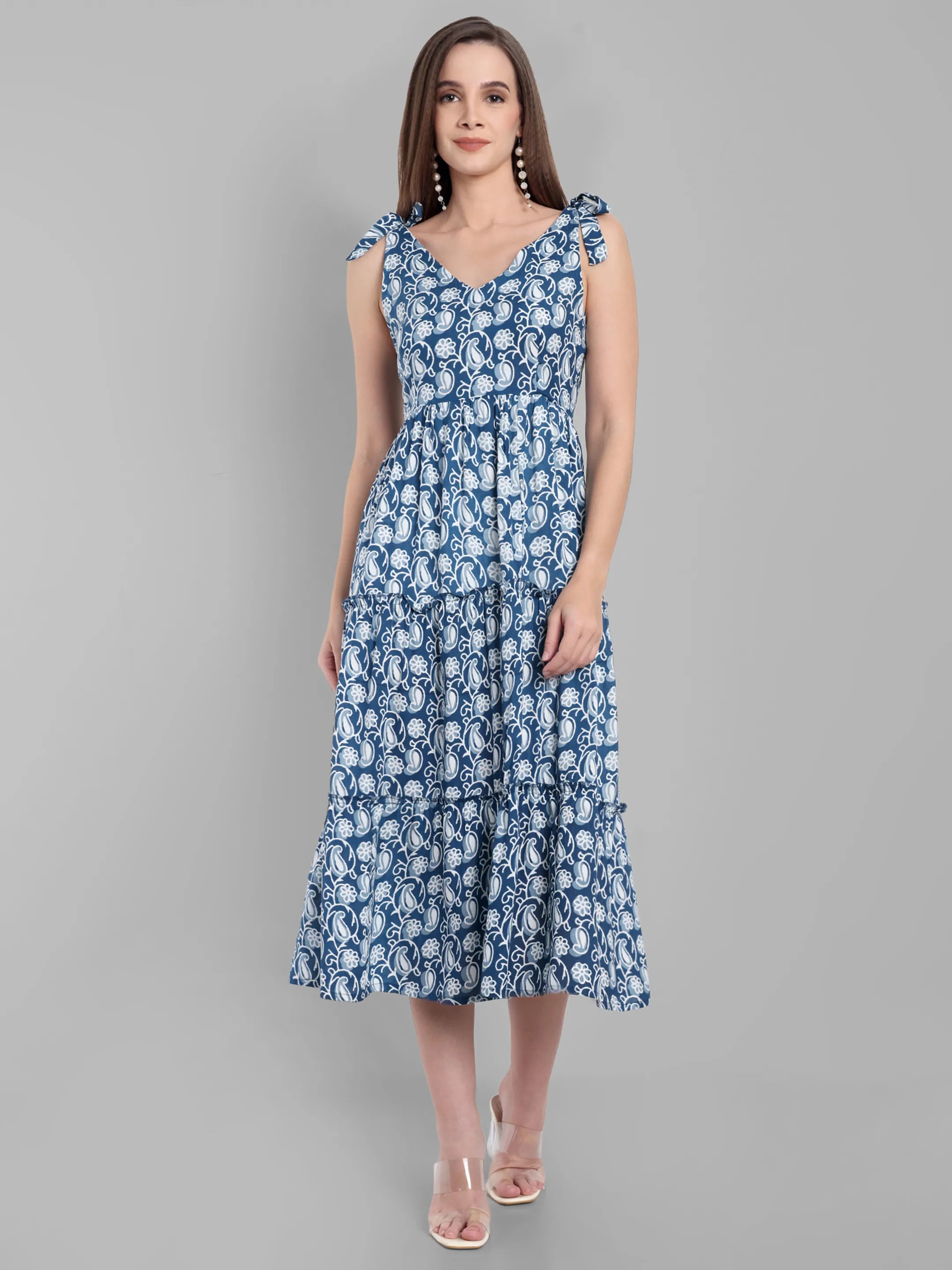 Navy Blue & White Paisley Printed Sleeveless Tiered Midi Dress with Tie-Up Straps