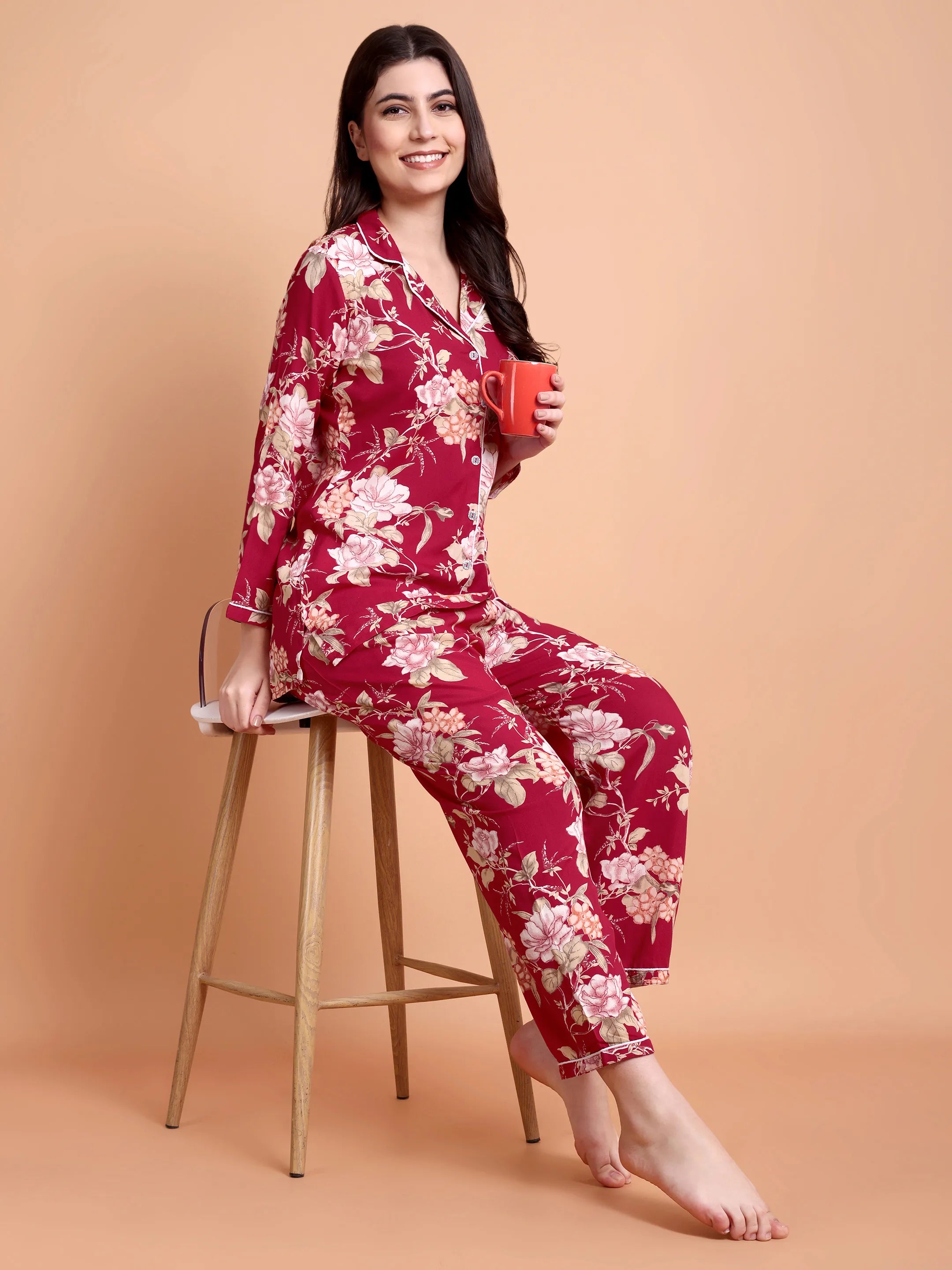 Maroon Floral Satin Nightwear Set for Women (Shirt & Pyjama)