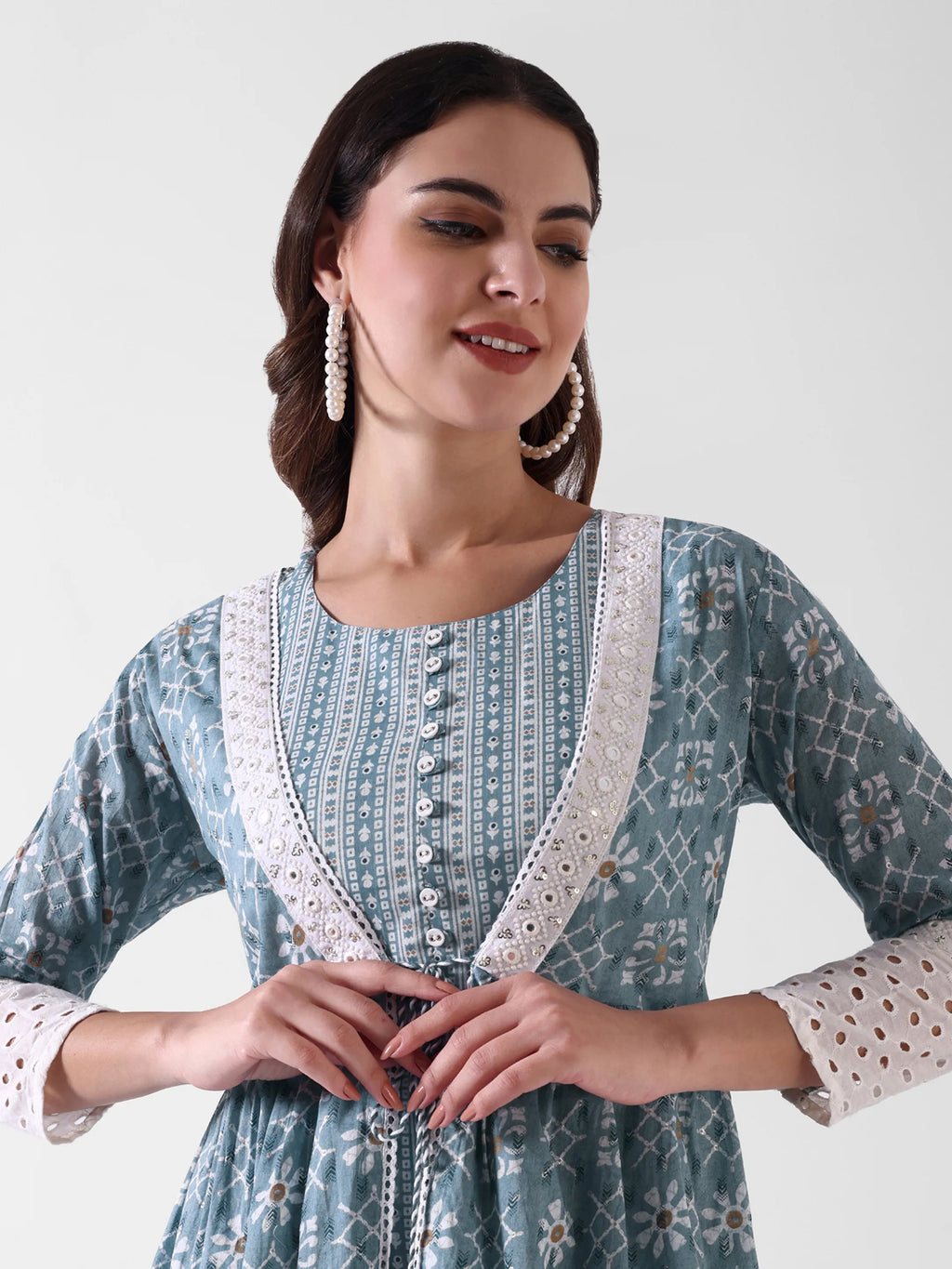 Women's Printed Tiered Maxi Dress with Lace Detailing – Blue & White