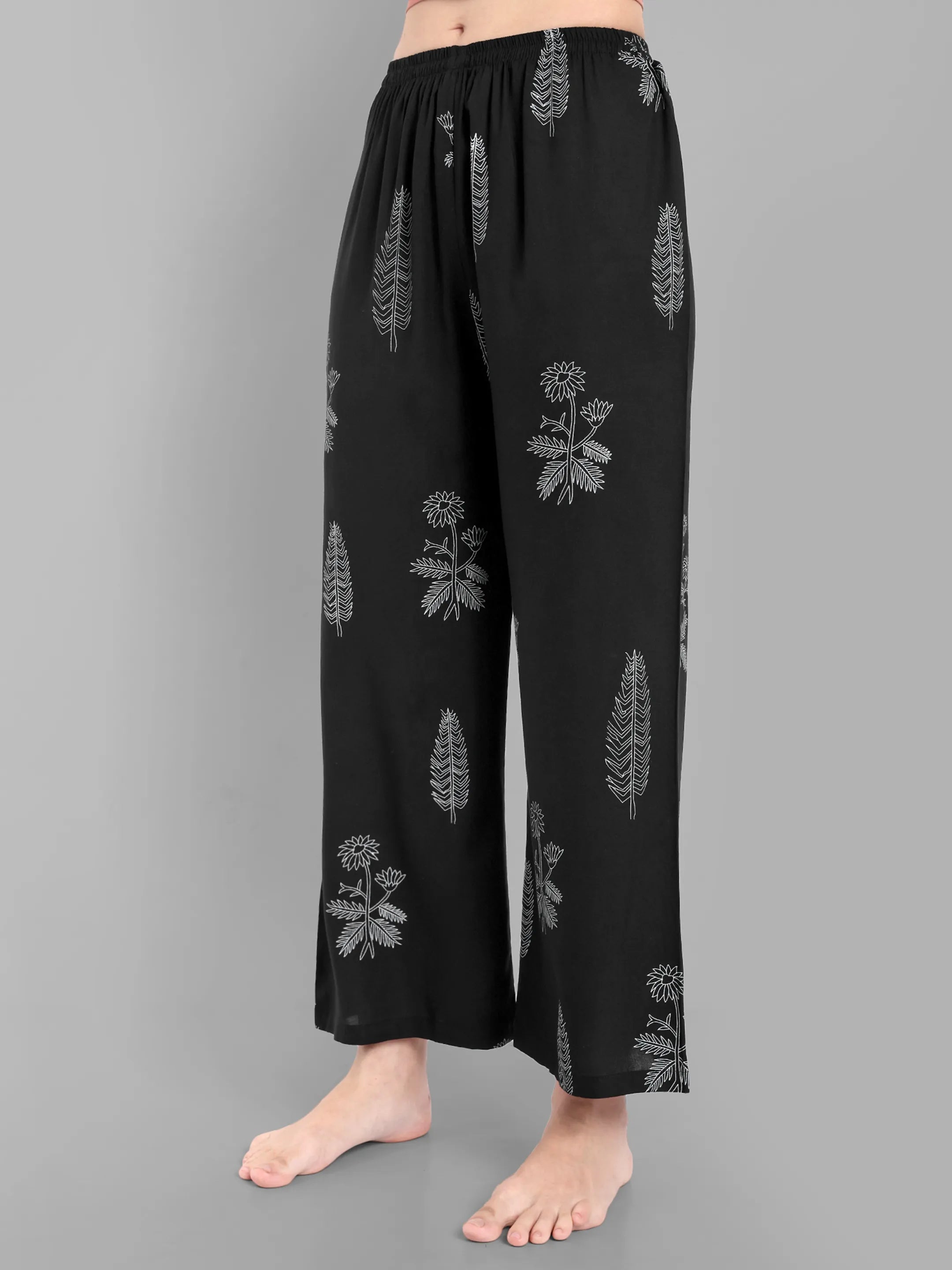 Black Floral Printed Night Suit Set – Short Sleeve Button-Down Shirt with Pajama