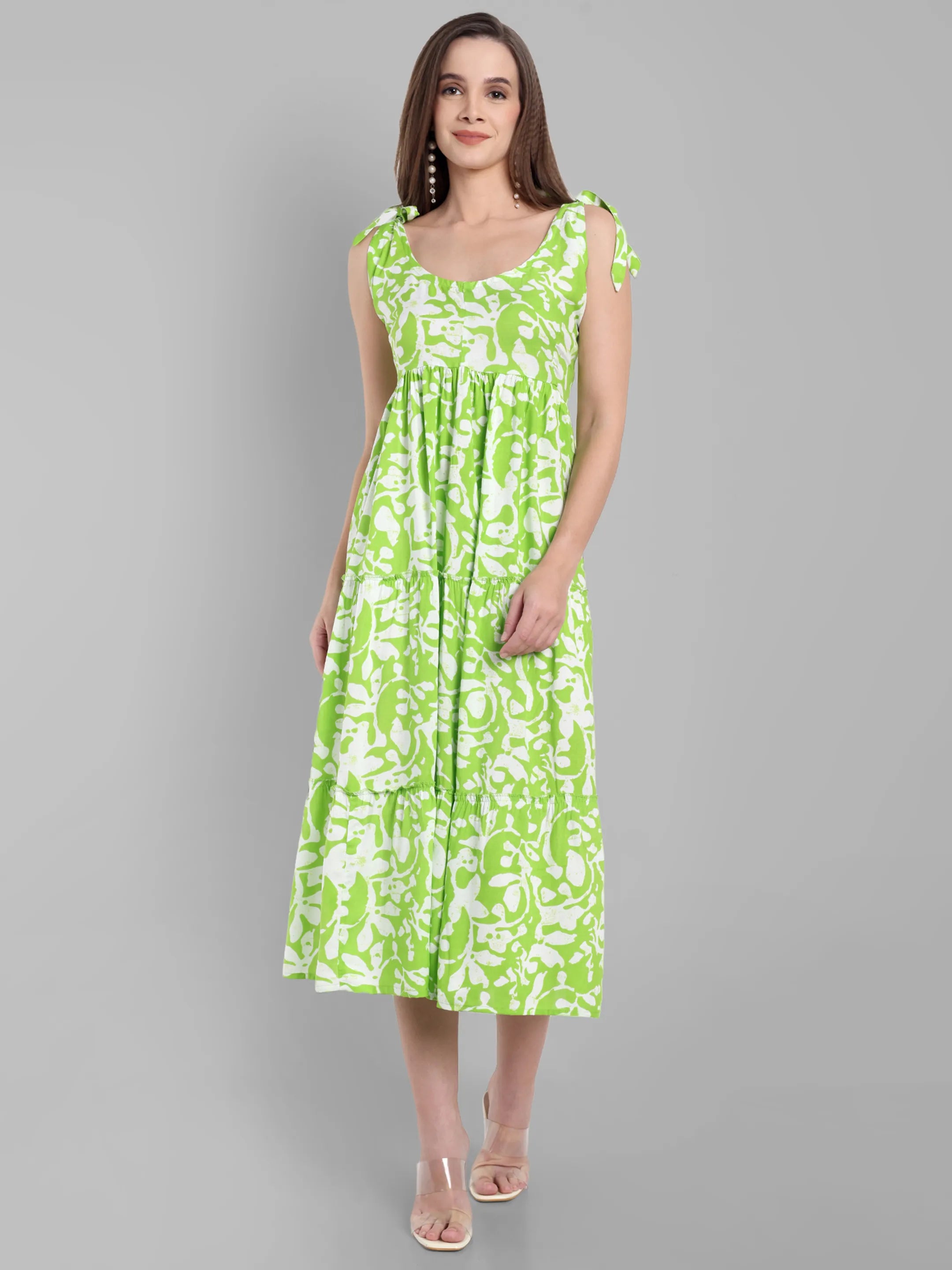 Lime Green Abstract Printed Sleeveless Midi Dress with Tie-Up Straps